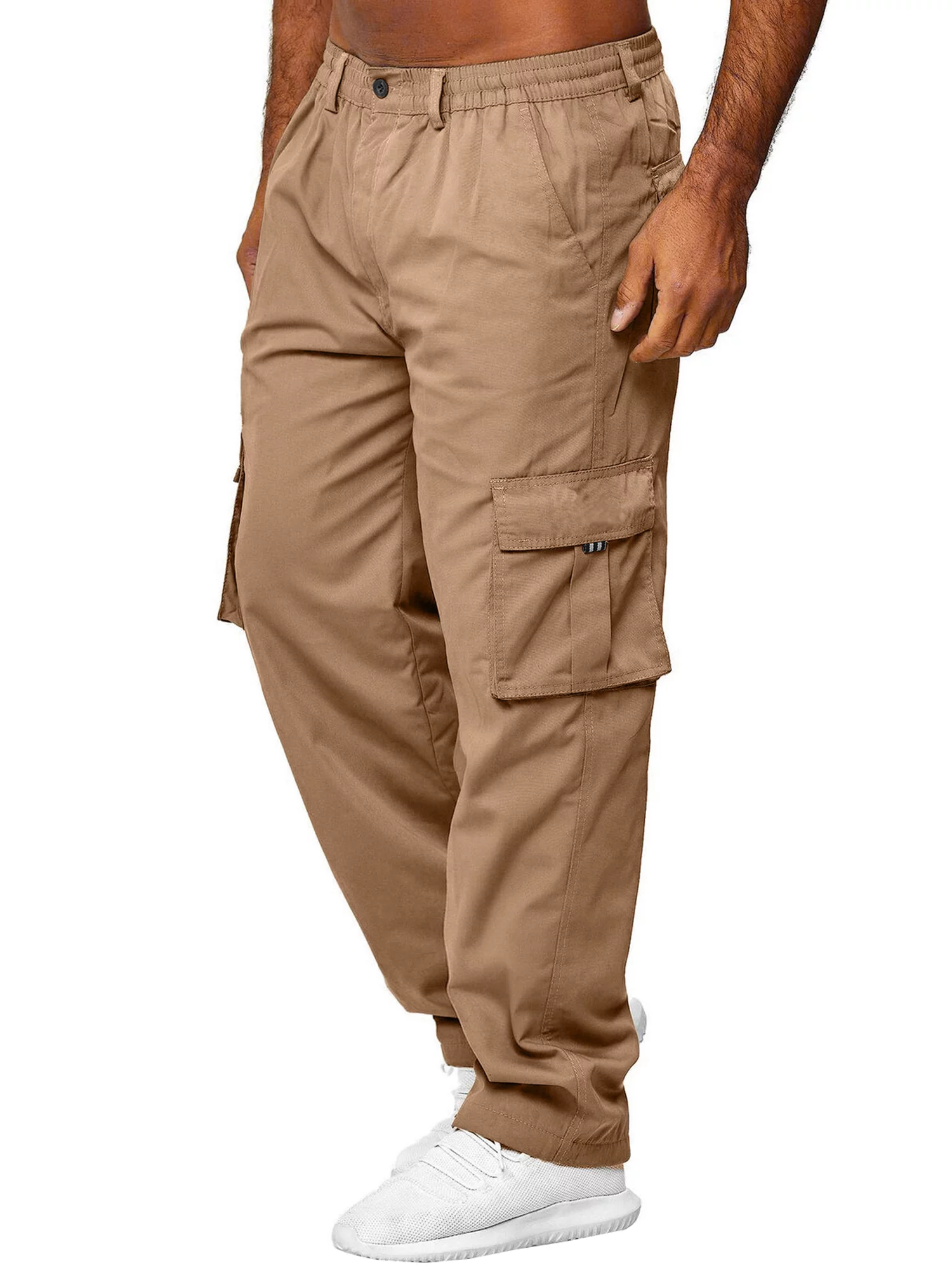 TFFR Men Loose Straight Cargo Pants Casual Elastic Waist Solid Color Relaxed Fit Straight Leg Trousers with Pockets