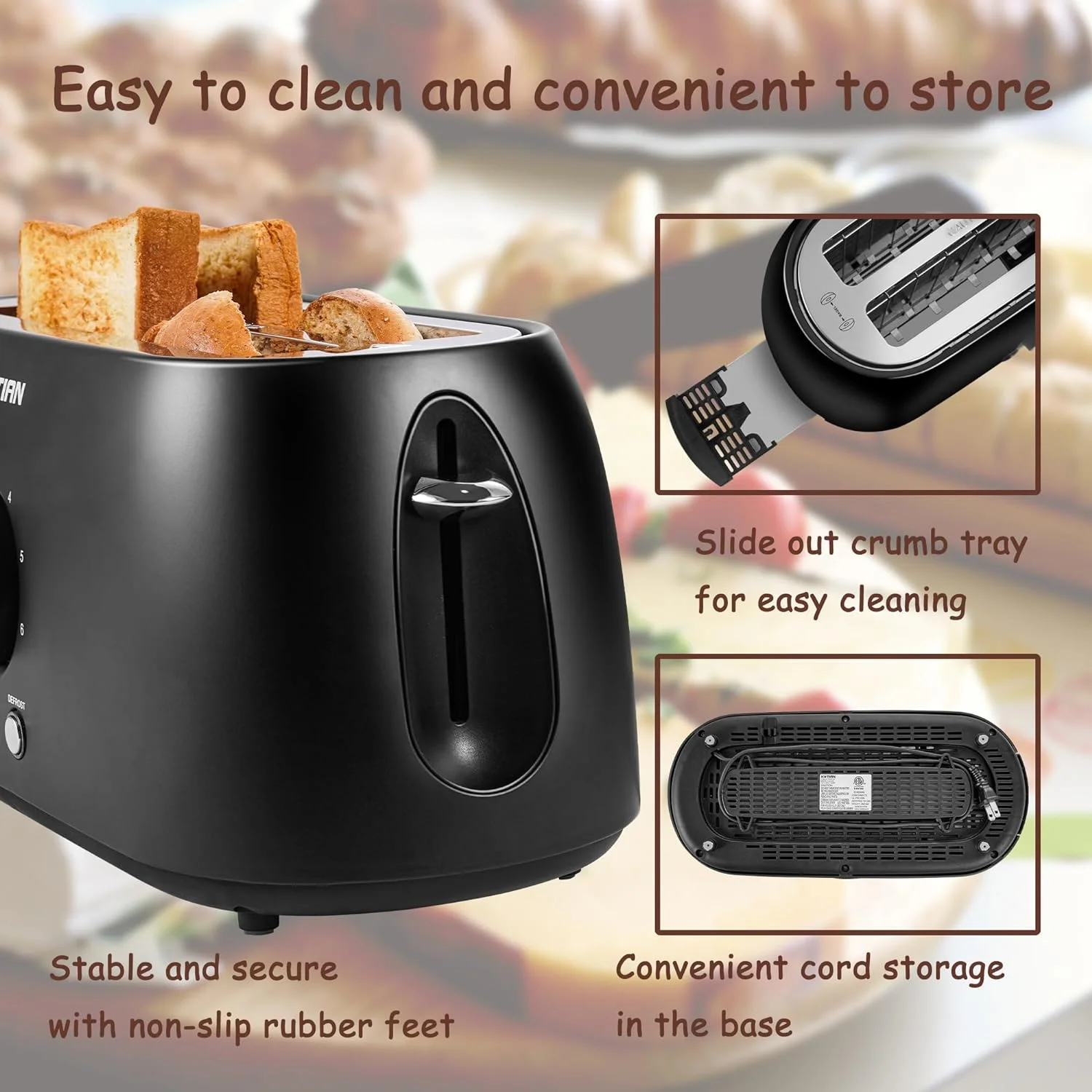 4 Slice, Retro Long Slot Toasters with Countdown Timer,Stainless Steel Toaster,Bagel,Defrost,Reheat,Cancel Functions,Extra Wide Slots,6 Toast Settings,Removable Crumbs Tray,Matte black