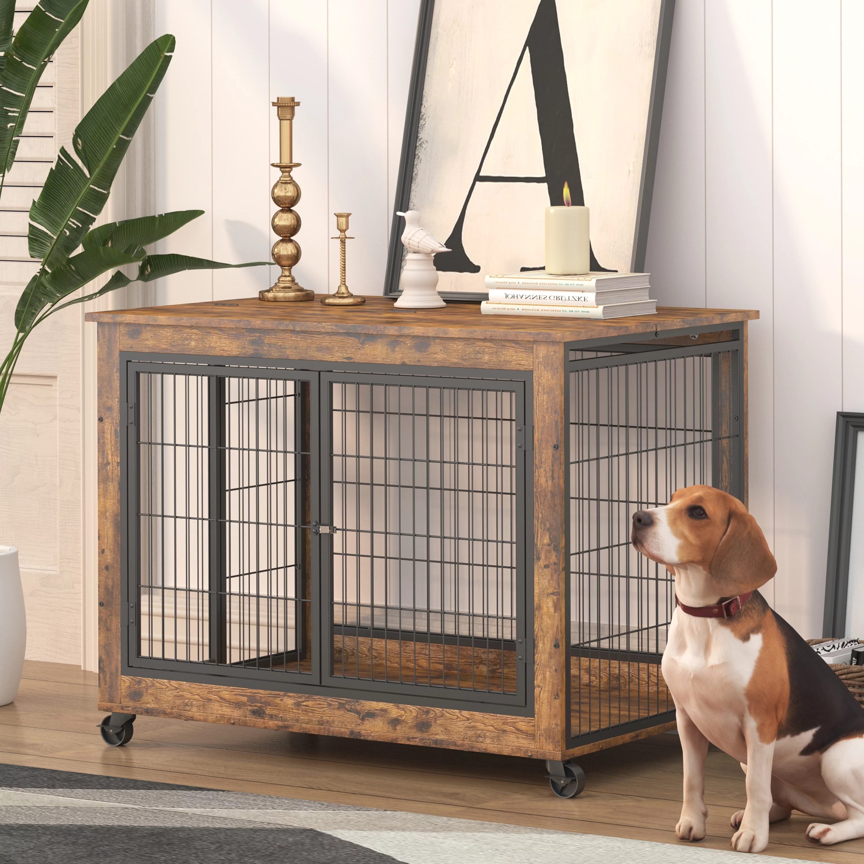 Euroco Dog Crate Furniture Large Dog Cage with Double Doors, Kennel with Wheels, Rustic Brown, 38.5