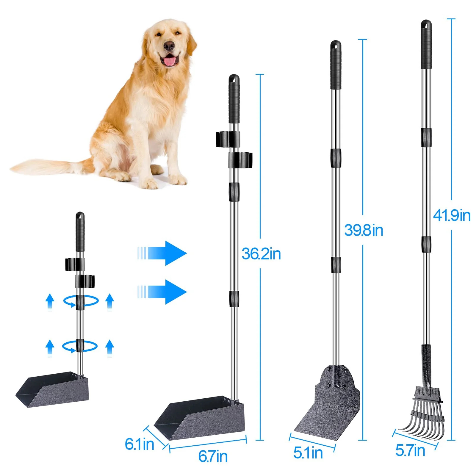 TNELTUEB Dog Pooper Scooper, Metal Pet Poop Tray and Rake with Long Stainless Handle Best Bin with Rake for Large Dog