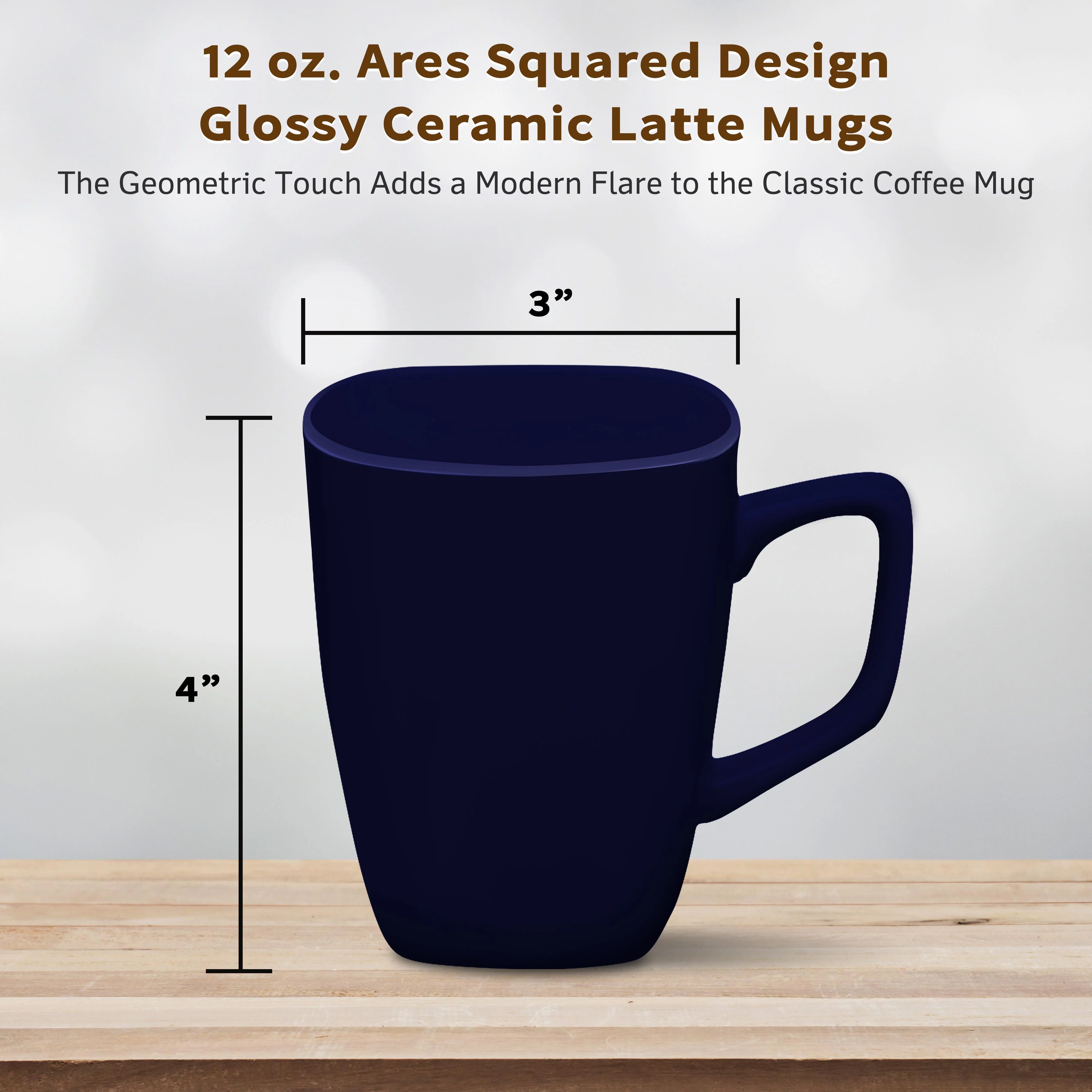 10 Ares Glossy Ceramic Latte Mugs Set, 12 oz. - Stoneware, Glossy, Durable, C-handle - Cobalt Blue