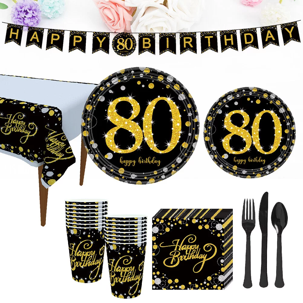NUOLUX Birthday 80Th Party Banner Happy Tableware Set 80 Paper Plate Garland Napkins Supplies Favors