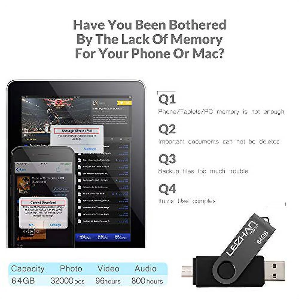 leizhan 64GB OTG Micro USB Flash Drive for Samsung Galaxy S7/S6/S5/S4/S3/Xiaomi/Meizu/HTC/Nokia/Moto/Huawei, Micro-USB 3.0 Phone Stick, Black