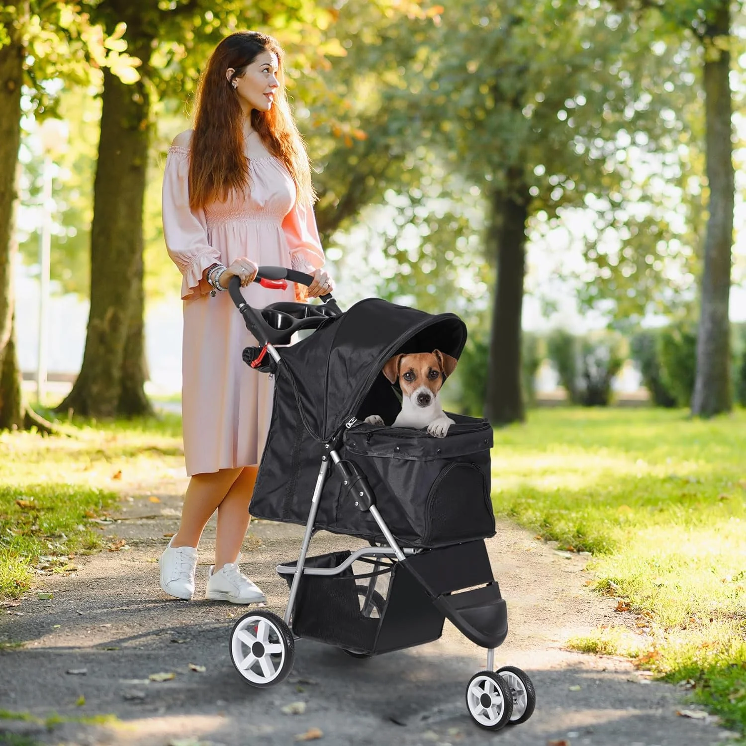FoldableStroller for Cats and Dogs 3 Wheels Carrier Strolling Cart with Weather Cover, Storage Basket + Cup Holder