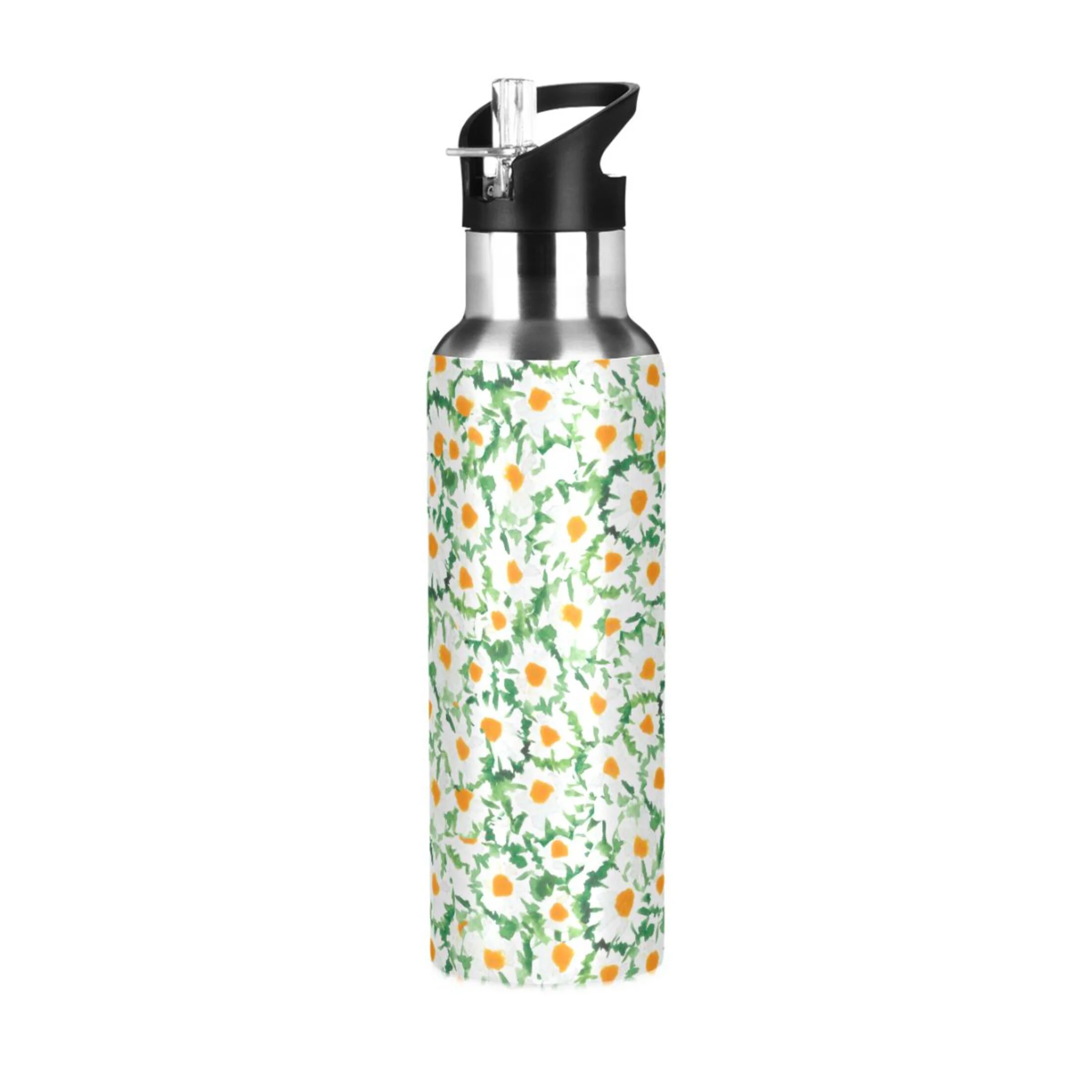 Water Bottle with Straw Lid Leak Chamomile with Green Stainless Steel Insulated Thermos Vacuum Flask for Cold Hot Drinking for Sports Camping Gym Yoga