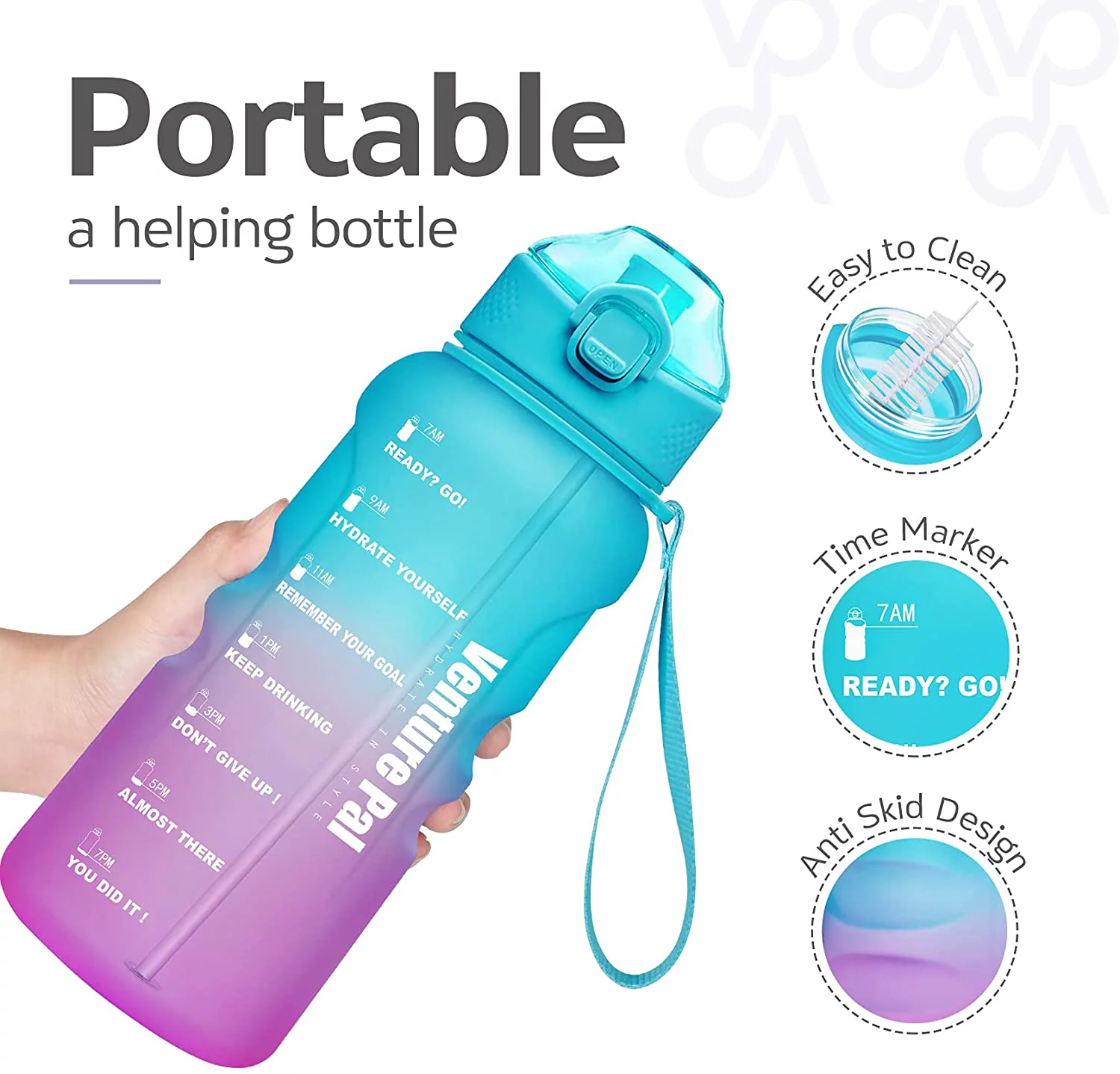 Venture Pal Half Gallon/64oz Motivational Water Bottle with Straw and Times to Drink