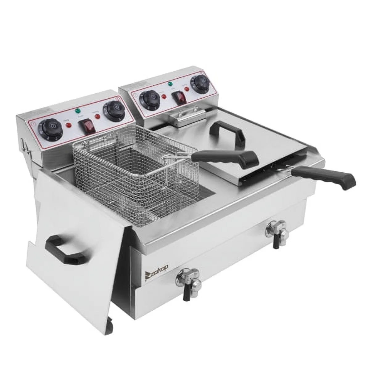 【Replace the old encoding 03688841】EH102V 16.9QT / 16L Total Capacity 24.9QT/23.6L Stainless Steel Faucet Double Tank Deep Fryer 3400W MAX (8L 8L Big Blue/Large Handle)