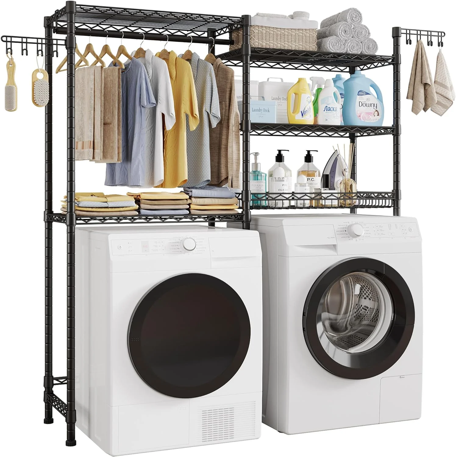 H6 Pro Over the Washer and Dryer Storage Shelf, Laundry Room Organization Storage with Adjustable Shelves & Wire Basket, Over Washer Storage With Clothes Drying Rack and Hook, Large Size,White