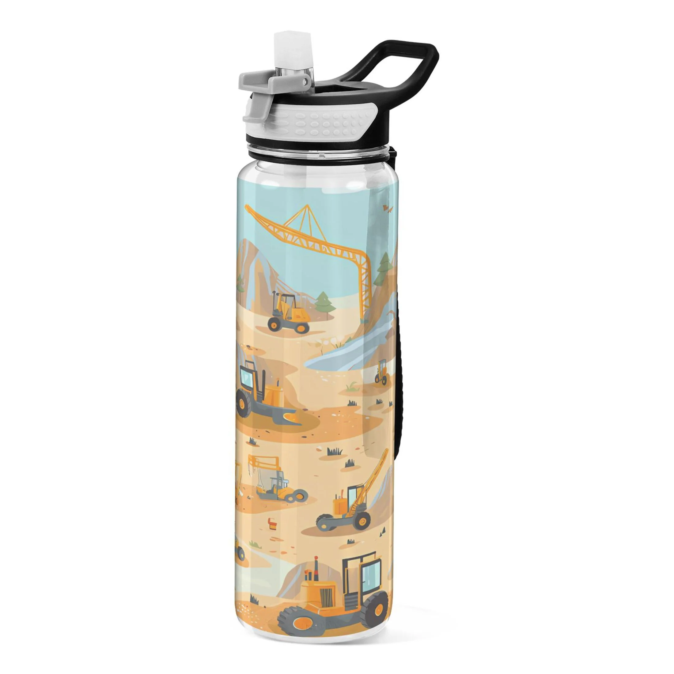 Cartoon Truck and Crane 32oz Water Bottles with Straw Tritan Leakproof Sports Bottle BPA Free Clear for Fitness Gym Swimming Cycling