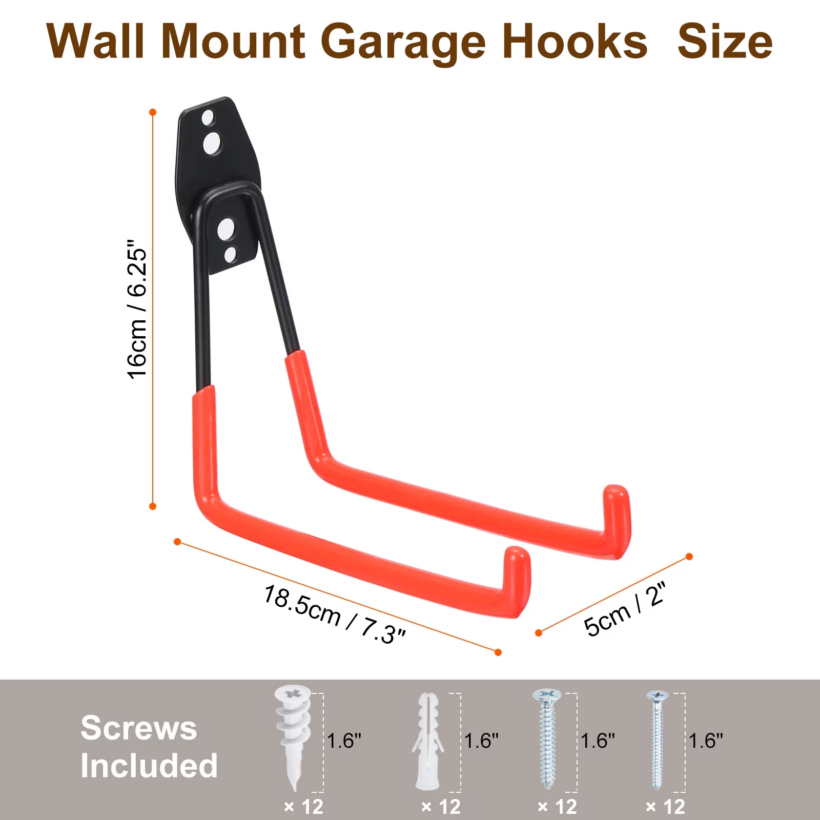 Garage Hooks Wall Mount Garage Hanger Utility Garage Storage Hooks Tool Hangers with 2 Straps, Orange 6 Pack