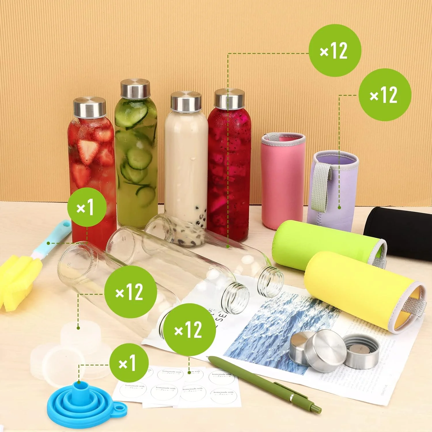Fairy 12Pcs Glass Water Bottles with Sleeves and Stainless Steel Lids, Reusable Glass Juice Bottles Bulk, 18oz, Clear