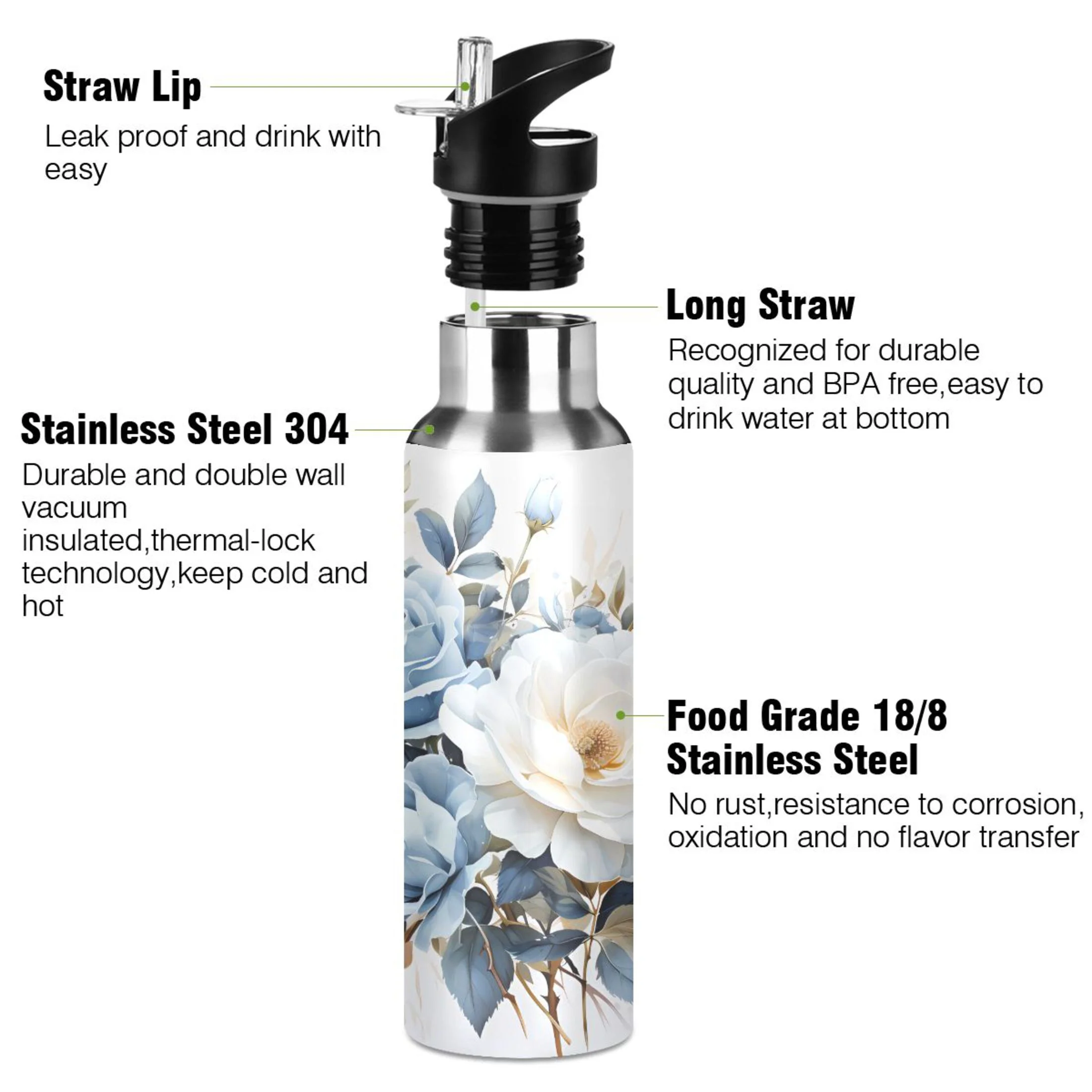 Water Bottle with Straw Lid Leak Flowers with Blue Stainless Steel Insulated Thermos Vacuum Flask for Cold Hot Drinking for Sports Camping Gym Yoga
