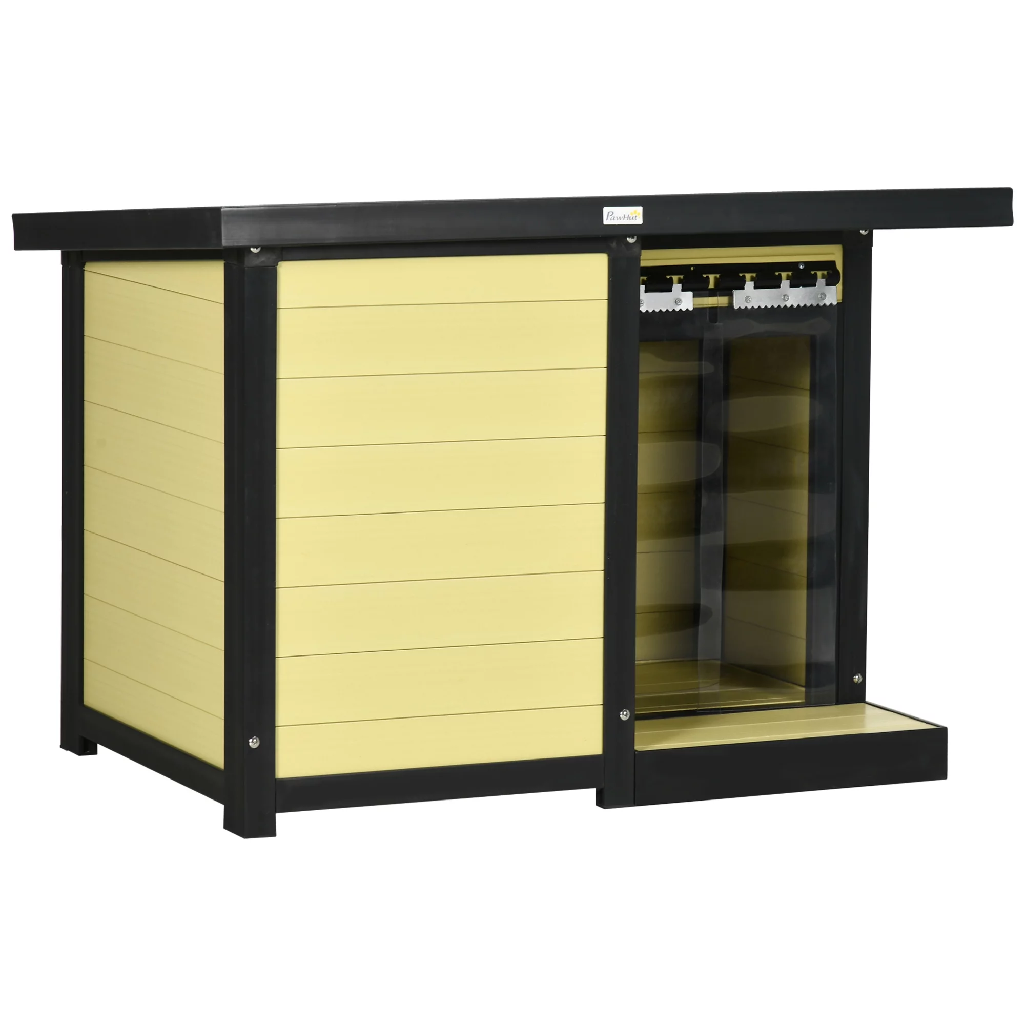 PawHut Dog House Outdoor w/ Terrace Openable Top, for M Dogs, Natural Wood