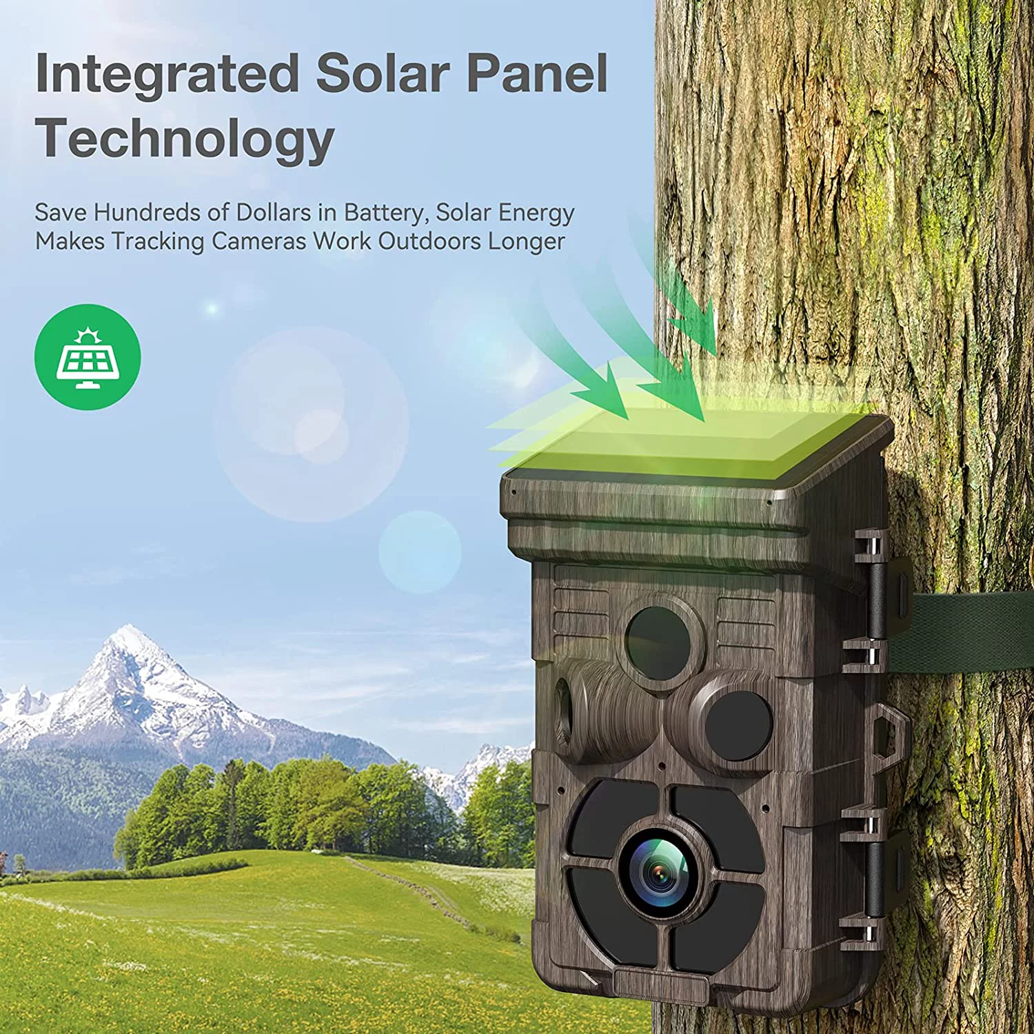CAMPARK Solar Powered Trail Camera with SD Card, 24MP 1080P Game Camera with 3 PIR Sensor Motion Activated 0.1s Trigger Time Trail Hunting Cam with Night Vision IP66 Waterproof for Wildlife Monitoring