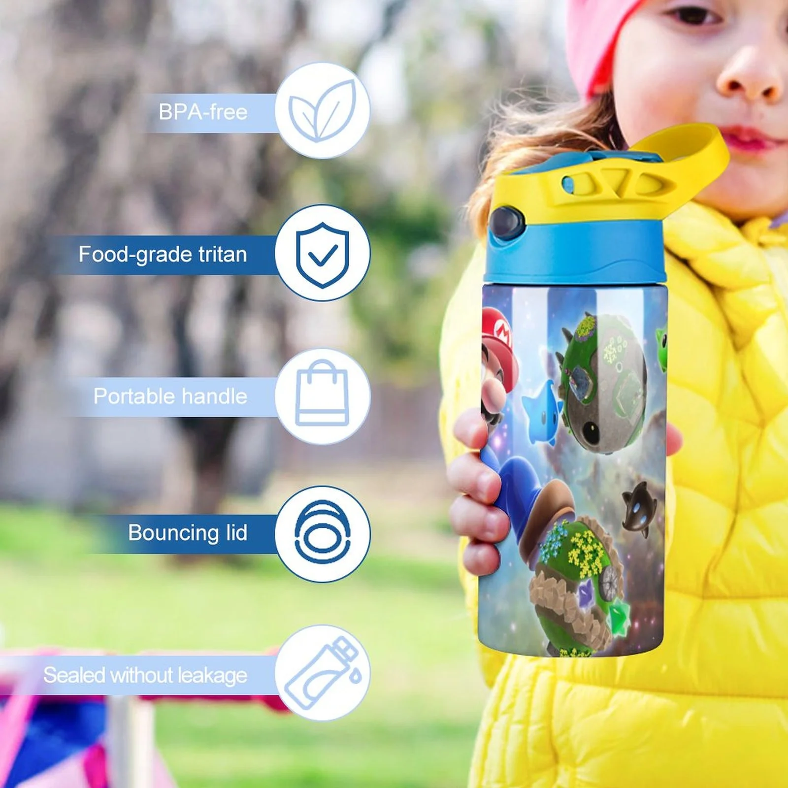 Mario Galaxy Kid's Insulated Water Bottle With Straw Vacuum Stainless Steel Cup Leak-Proof Children Toddler Thermoses