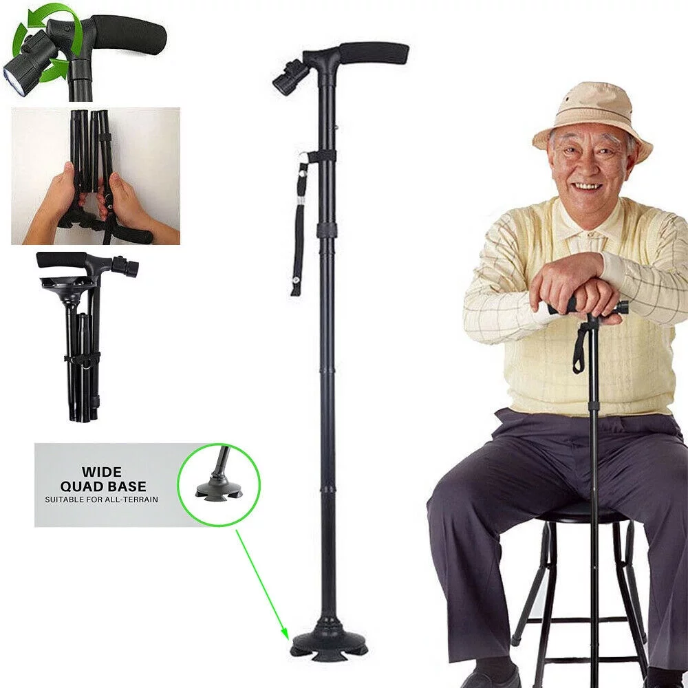 PVUEL All Terrain Folding Cane Walking Cane for Men Women LED Pivoting Base Walking Cain