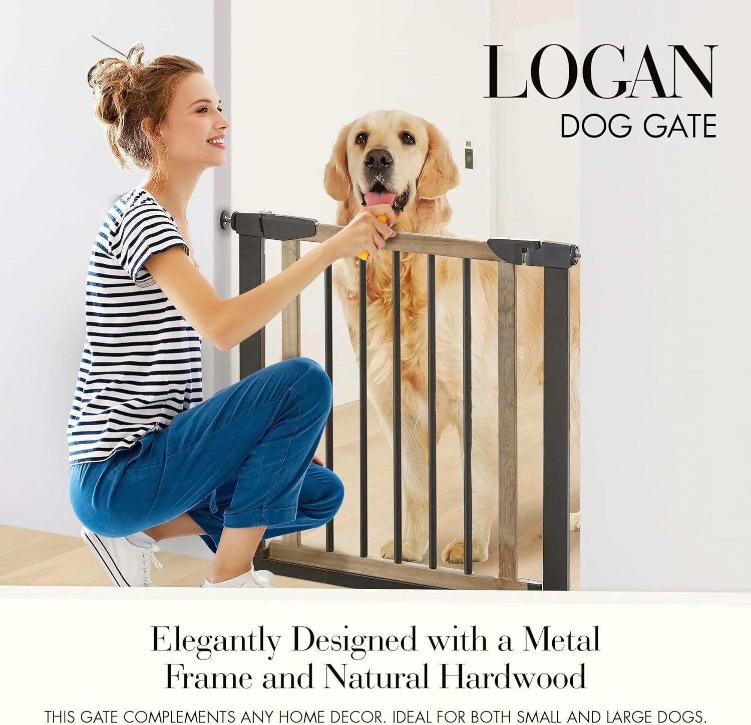 Logan Dog Gate - Indoor Pet Barrier and Wooden Dog Gate with Walk Through Swinging Door - Pressure Mounted for Walls and Stairs - Puppy Gates for The House - Expandable 29.5