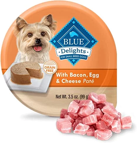 Blue Buffalo Delights Small Breed Cup Bacon, Egg and Cheese Pate Wet Dog Food for Adult Dogs, Grain-Free, 3.5 oz. Cup