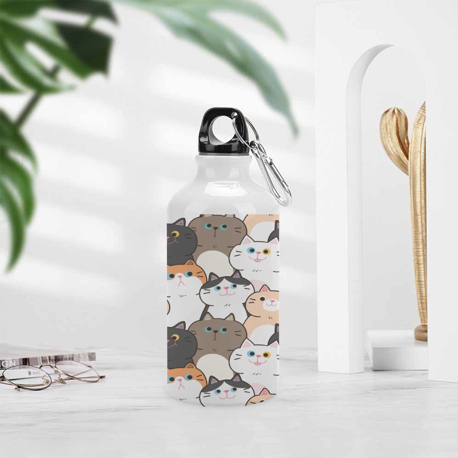 SKYSONIC 400ml Sport Aluminum Water Bottle,Cute Cartoon Cats,Sport Multipack Leak Proof Easy Carry Travel Bottle with Twist Cap for Gym Hiking Camping Running Bike Outdoor