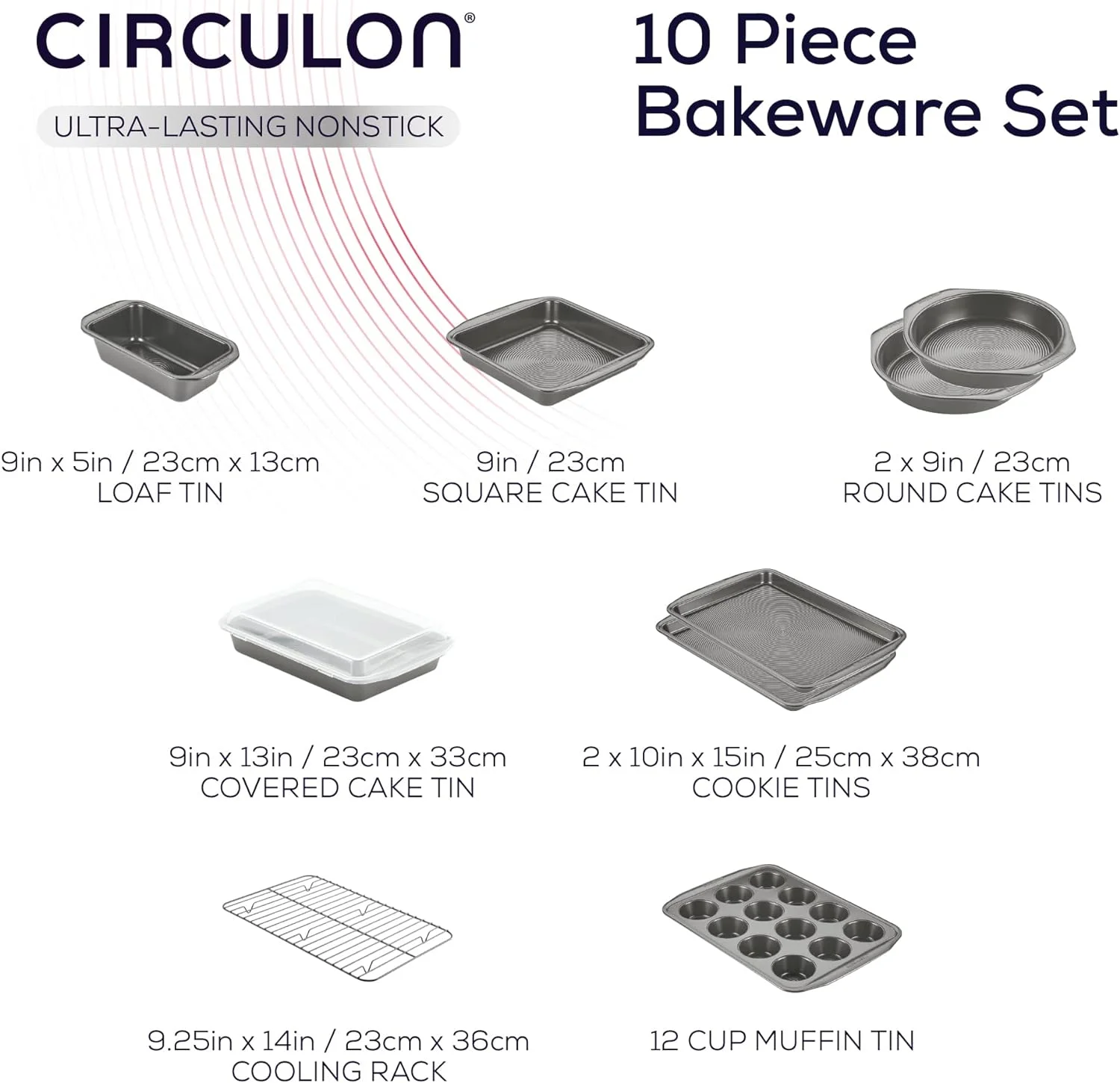 OUWI Momentum Non Stick Bakeware Set - 10 Piece Baking Set with Baking Trays, Cake Tins, Muffin Tray and Cooling Rack, Carbon Steel, Dishwasher Safe