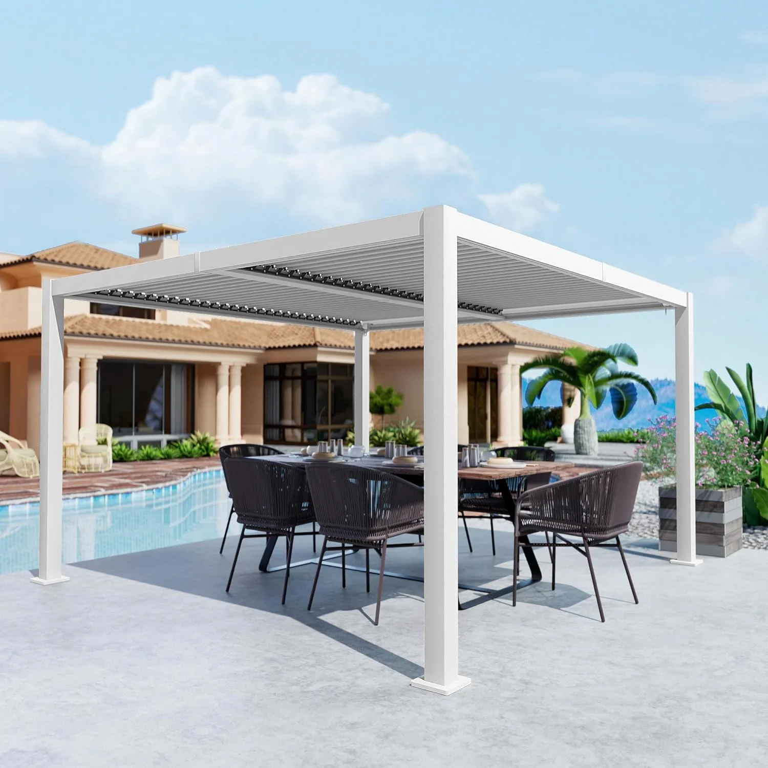 Kozyard Elizabeth Outdoor Louvered Pergola Sun Shade Aluminum Pergola Rainproof Gazebo with Adjustable Roof for Outdoor Deck Patio Garden Yard (12' x 12', White)