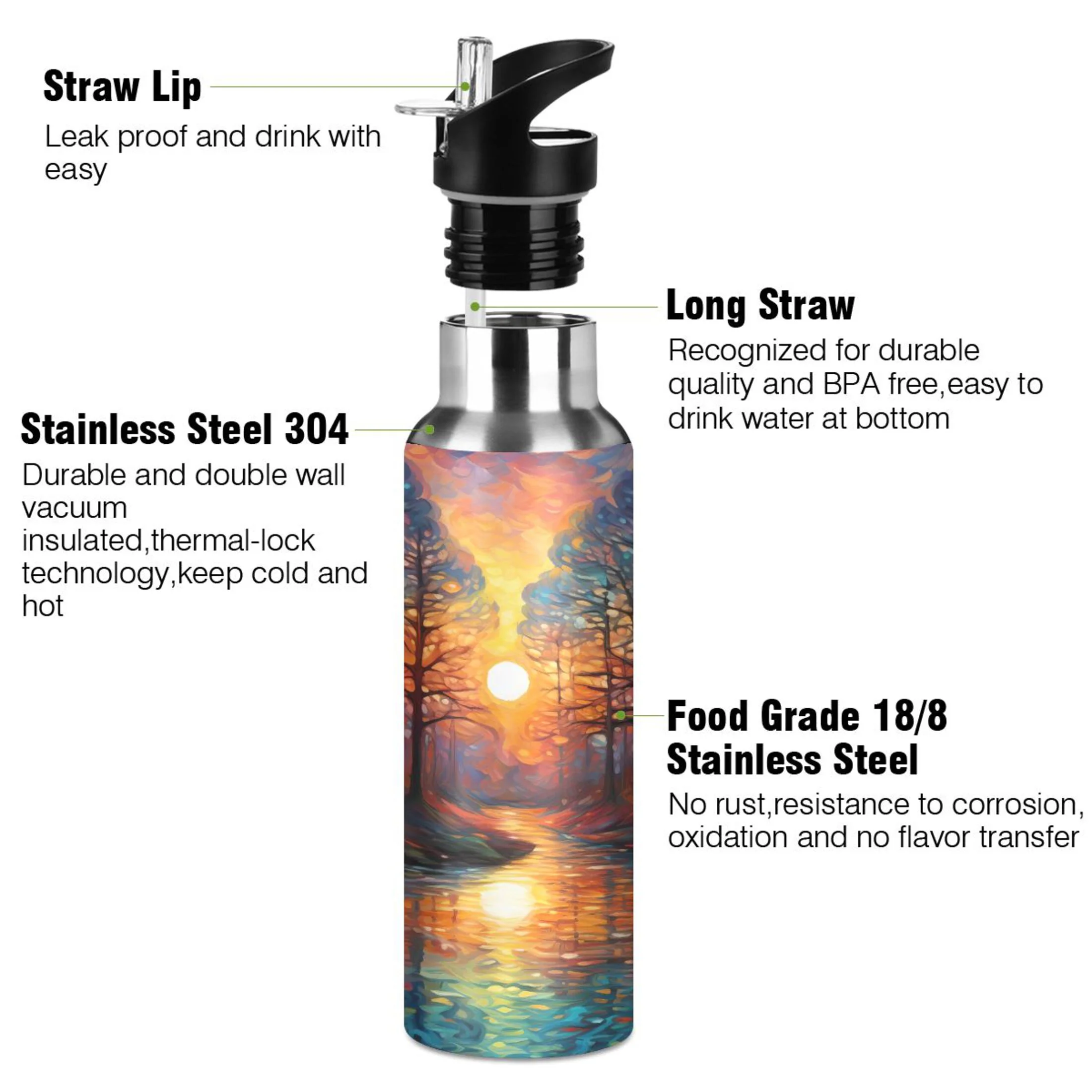 Water Bottle with Straw Lid Leak Landscape with Sunset Stainless Steel Insulated Thermos Vacuum Flask for Cold Hot Drinking for Sports Camping Gym Yoga