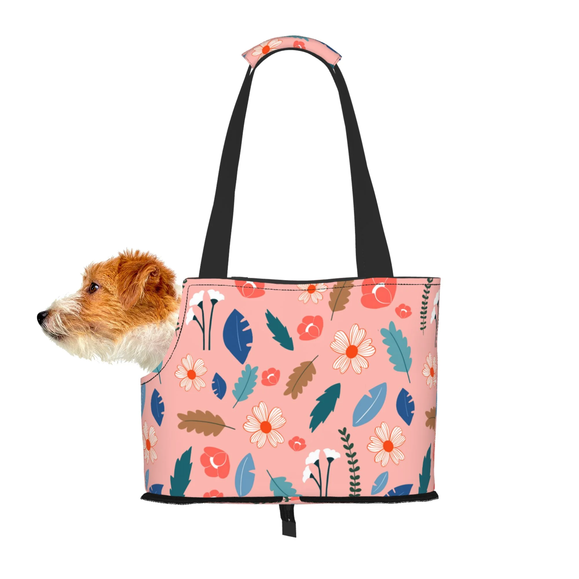 TEQUAN Foldable Dog Purse Carrier, Collapsible Cute Cartoon Pink Flowers Leaves Prints Pet Travel Tote Bag for Small Cat Puppy, Waterproof Dog Soft-Sided Carriers