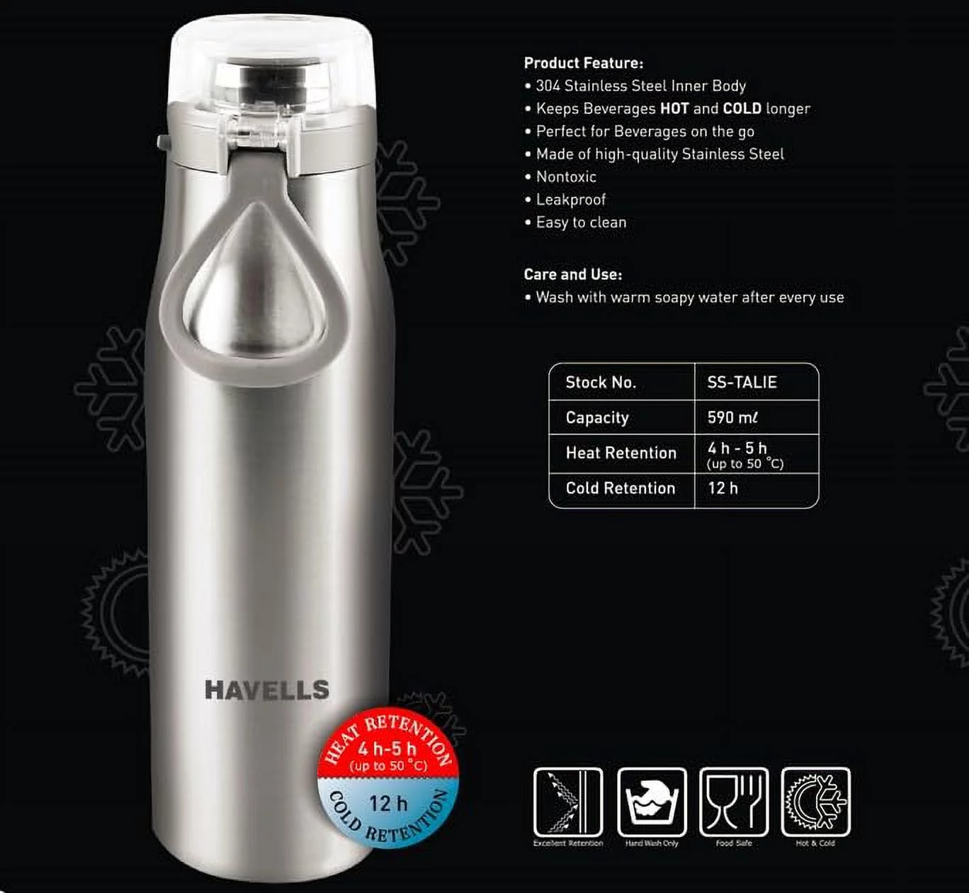 Havells Aqua-S Double Wall Hot/Cold Water Bottle, 304 Grade Stainless Steel Inner Body, Non Toxic, Leak Proof, Easy To Clean, 590 Ml Silver
