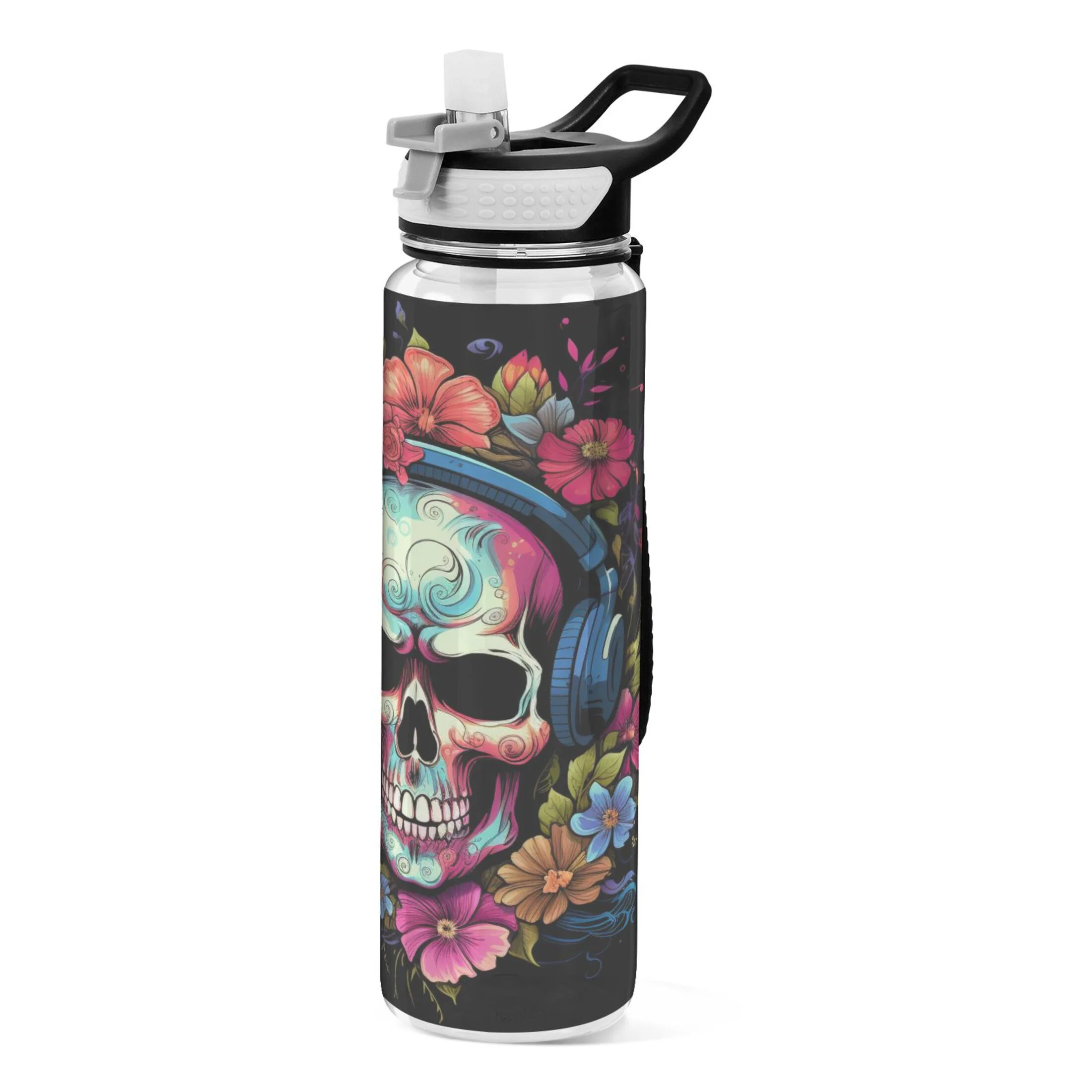 A Magic Skeleton with Floral Listening 32oz Sports Water Bottles Leakproof Tritan Bottle with Straw BPA Free Clear Bottle for Fitness Gym Outdoor Cycling