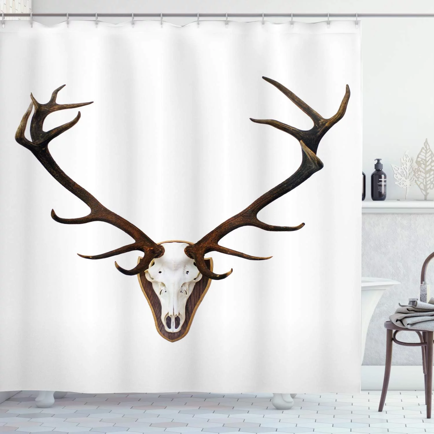JOOCAR Antlers Shower Curtain, Antlers of a Huge Stag Bones Mounted on a Wooden Plate Prize Skull Print, Cloth Fabric Bathroom Decor Set with Hooks, 72x72, Brown and Pale Grey