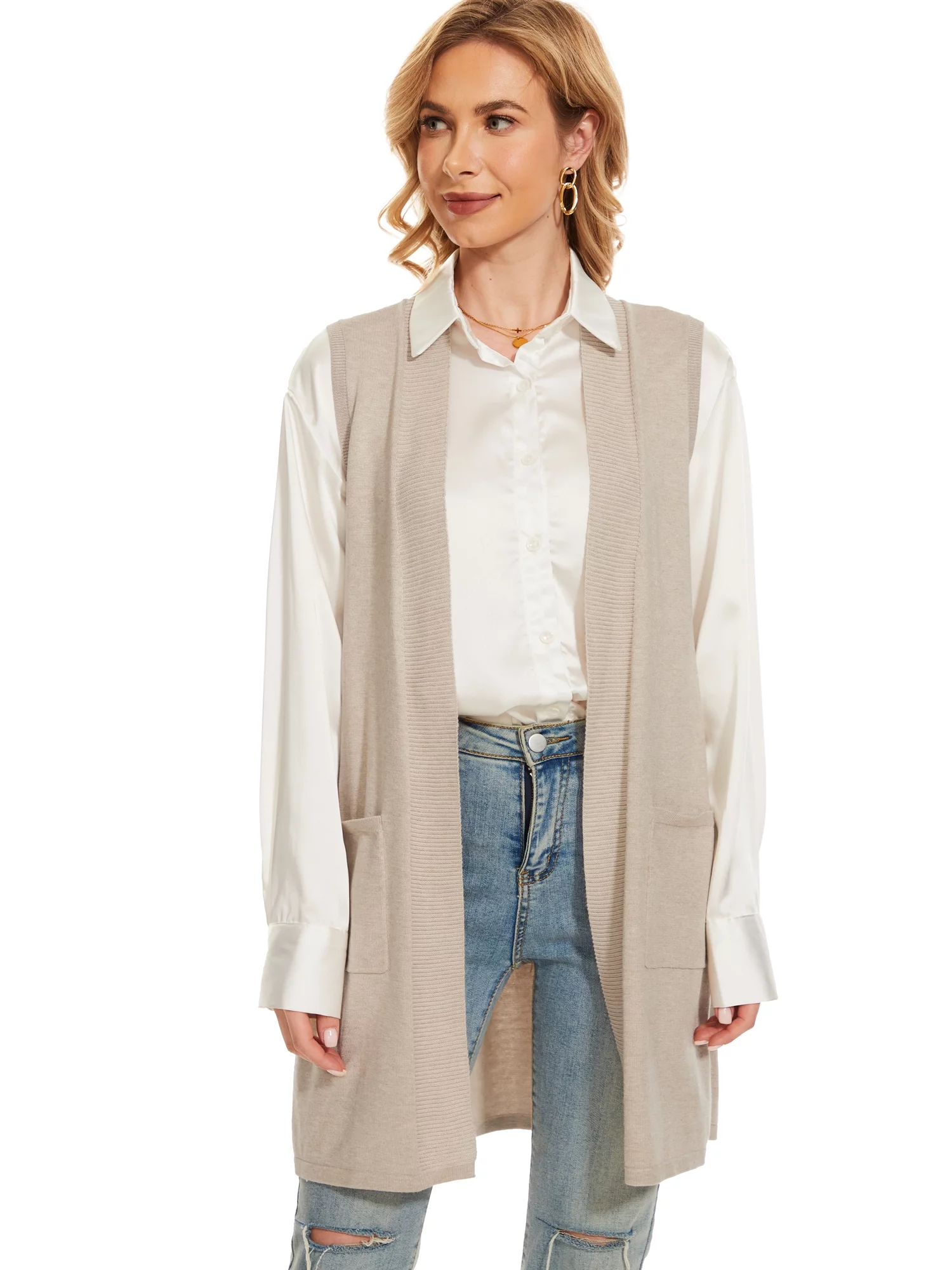 Moss Rose Women Lightweight Long Sleeveless Cardigans Vest with Pockets(Available in Plus Size)