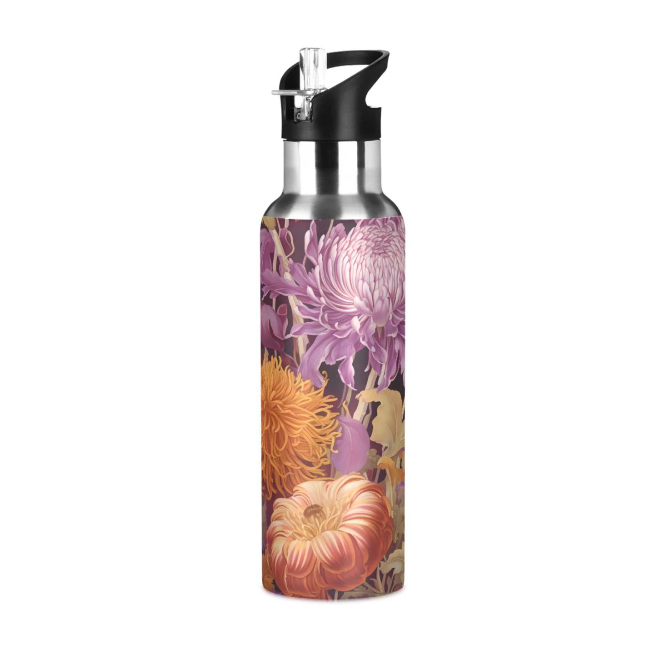 Water Bottle with Straw Lid Leak Purple Flowers Stainless Steel Insulated Thermos Vacuum Flask for Cold Hot Drinking for Sports Camping Gym Yoga