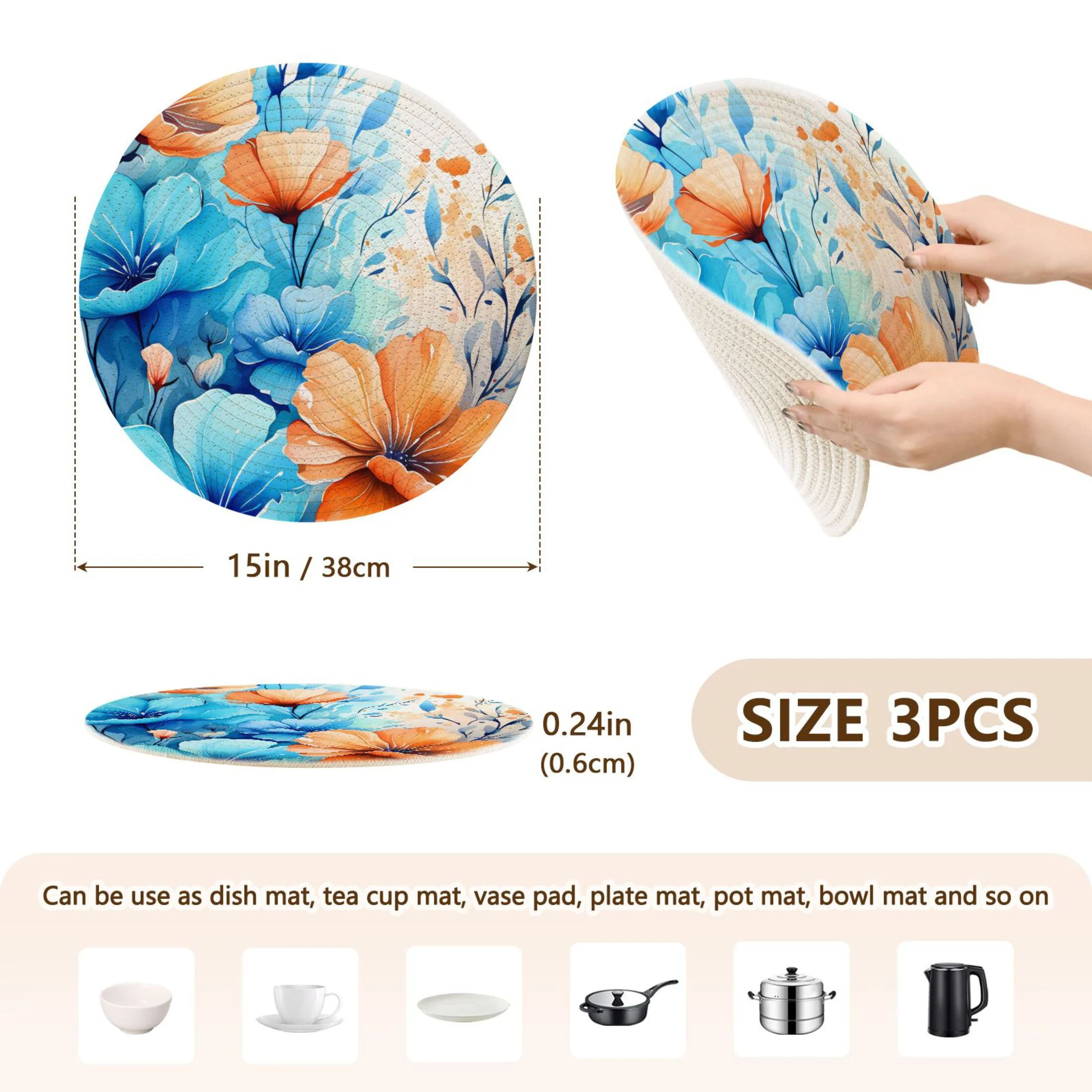 Butterfly on Blue Flowers 3 PCs Pot Holders Trivets Kitchen 15