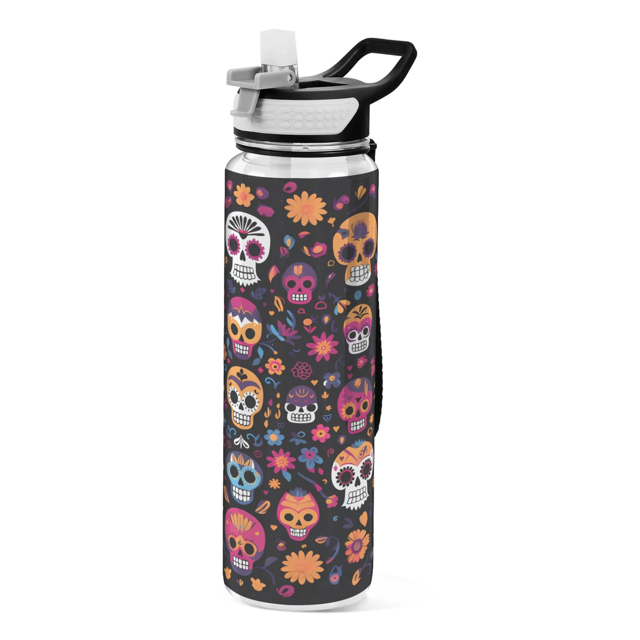 Colorful Skull Skeleton 32oz Water Bottles with Straw Tritan Leakproof Sports Bottle BPA Free Clear for Fitness Gym Swimming Cycling