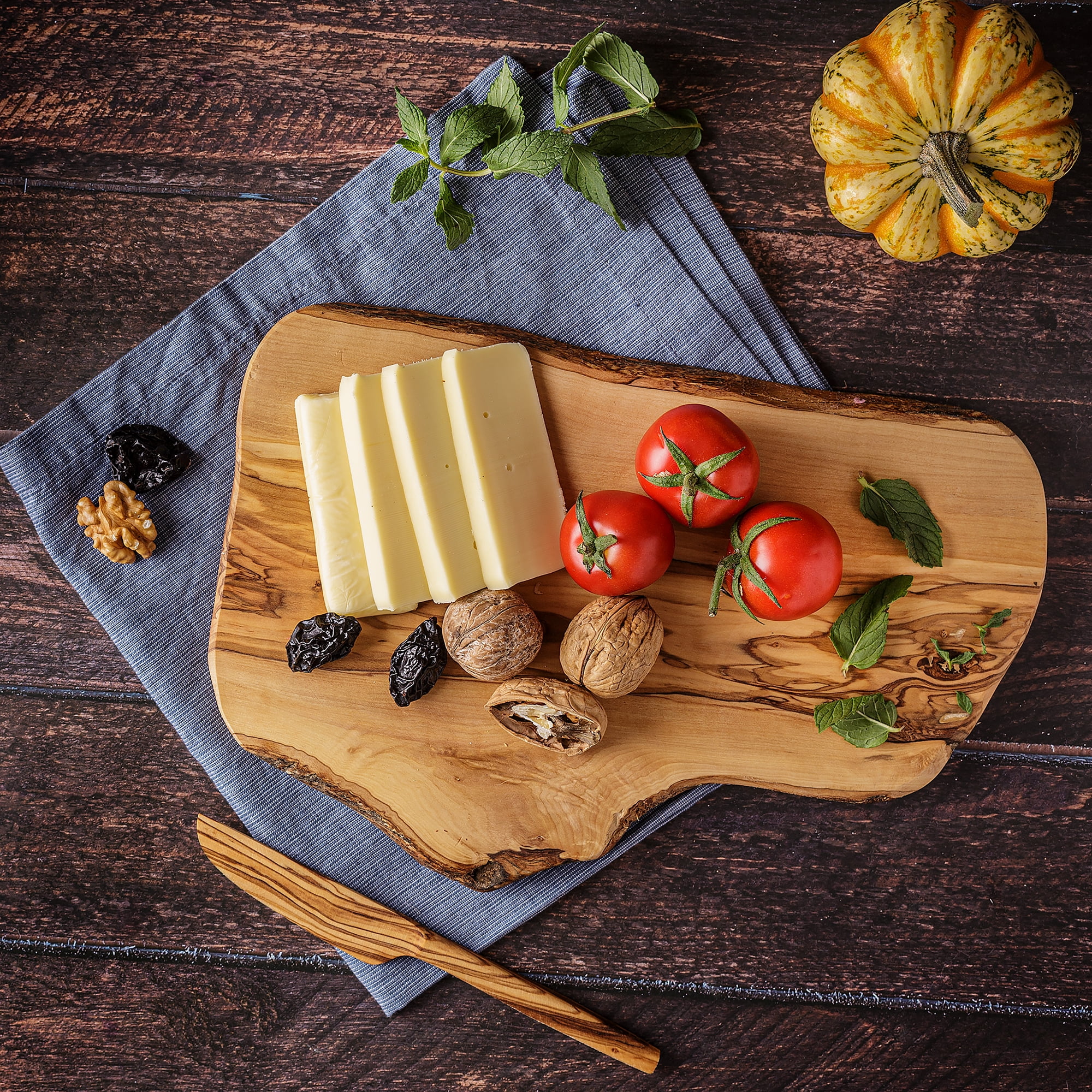 Crystalia Handmade Olive Wood Cutting Board and Knife for Kitchen, Solid Wood Serving Board