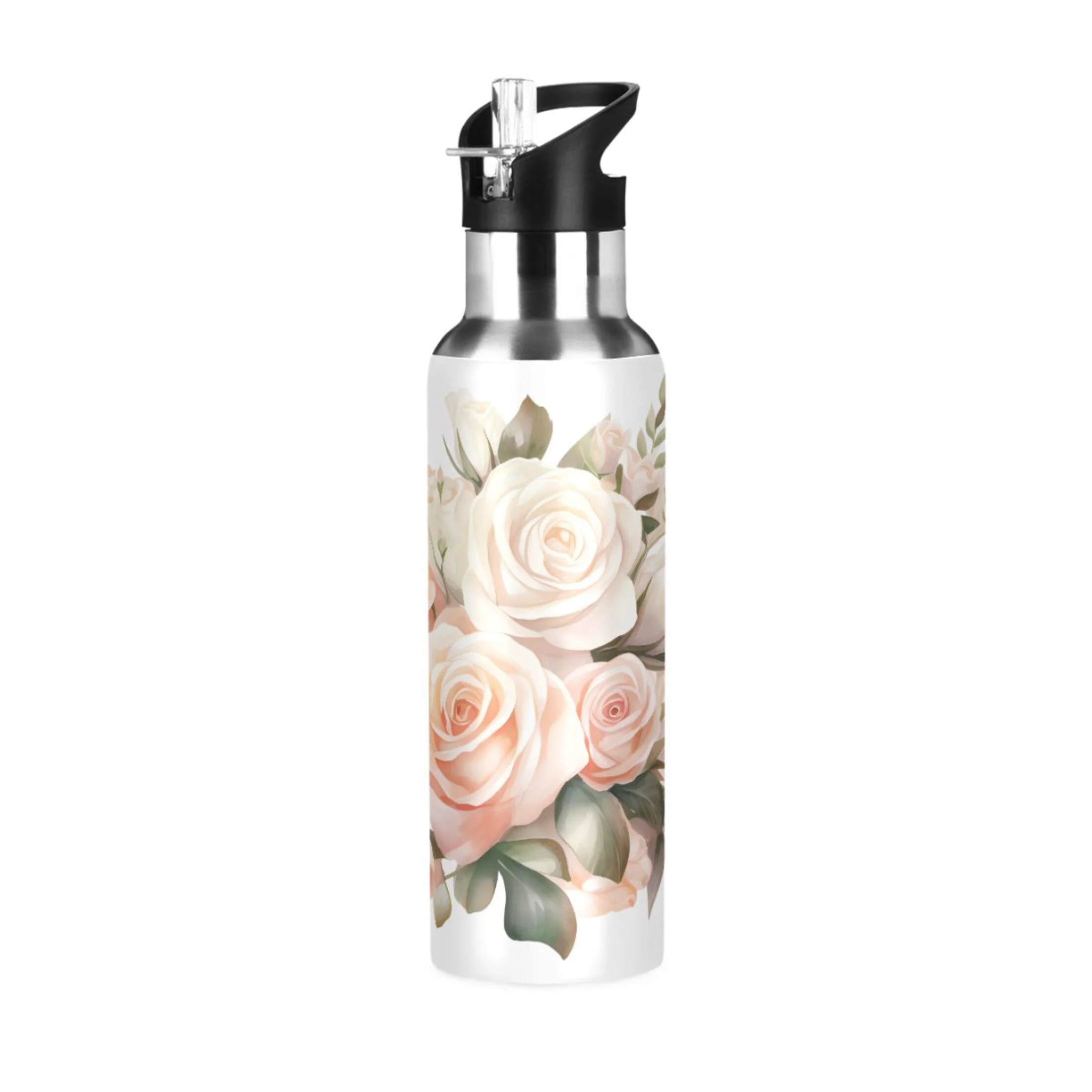 Water Bottle with Straw Lid Leak Roses Flowes Leaves Stainless Steel Insulated Thermos Vacuum Flask for Cold Hot Drinking for Sports Camping Gym Yoga