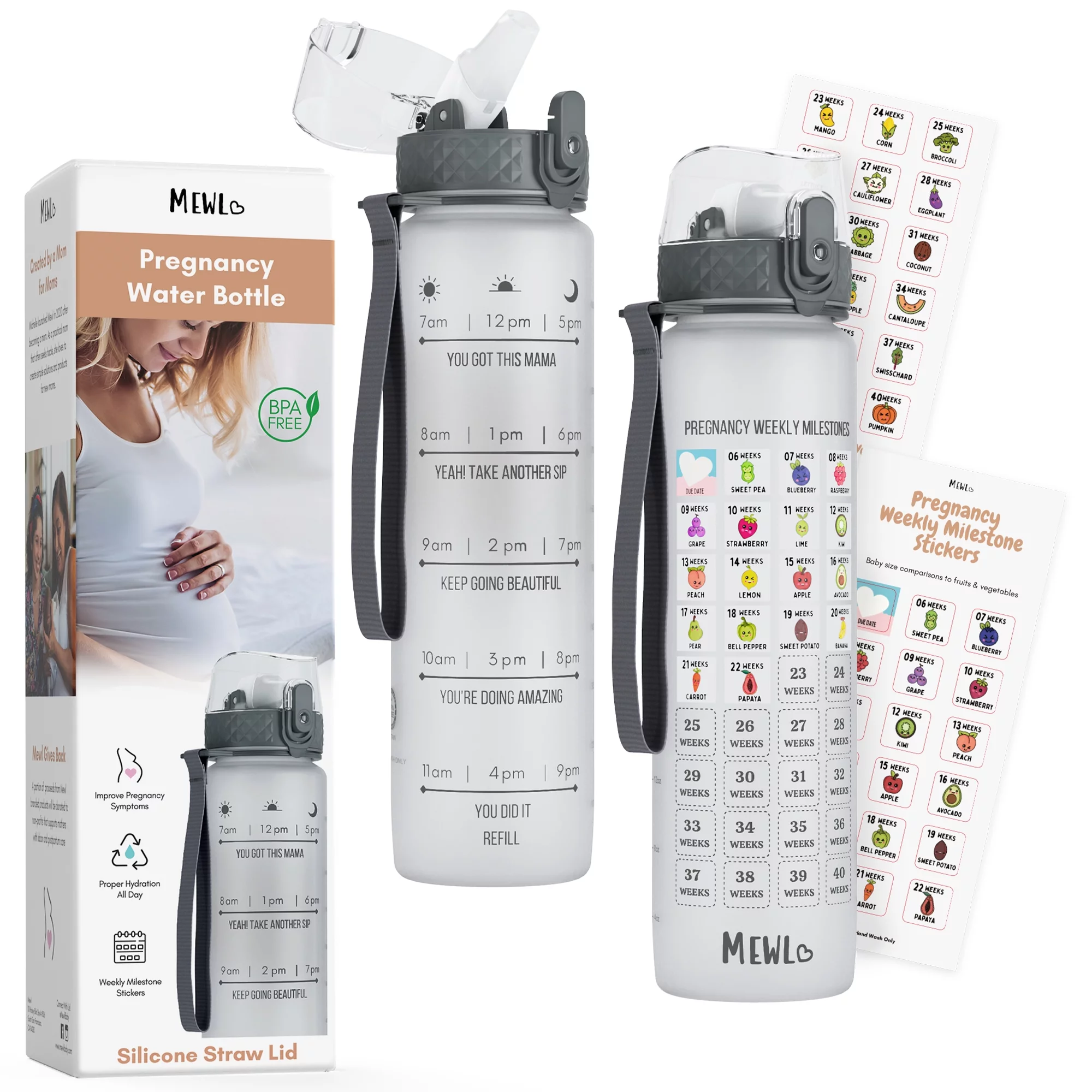 Mewl Pregnancy Water Bottle Tracker with Straw BPA Free & 36 Weekly Pregnancy Milestone Stickers