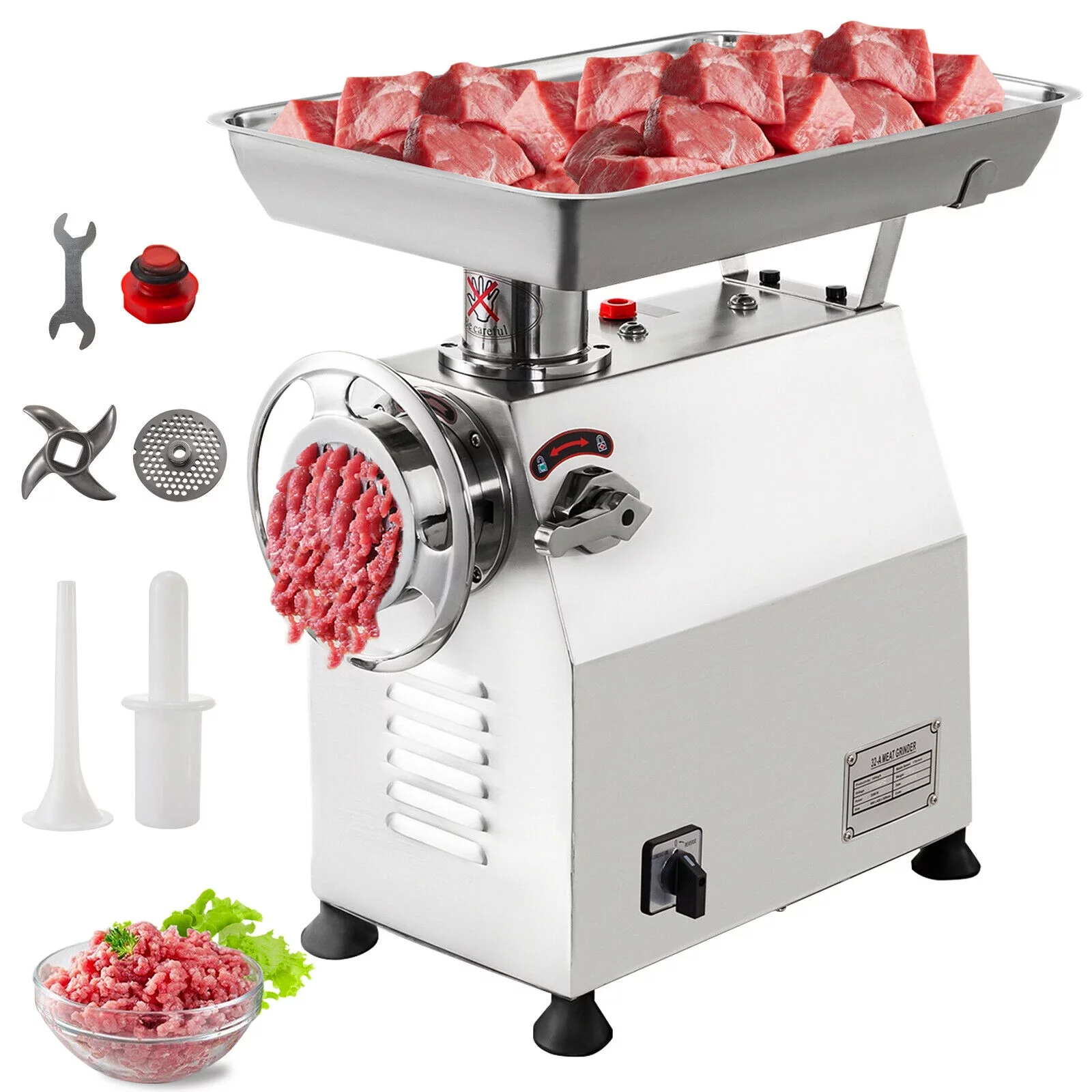 VEVORbrand Commercial Electric Meat Grinder 770lbs/h,Electric Sausage Maker 2200W,Stainless Steel With 2 Grinding Heads & 2 Blades For Restaurants,Supermarkets,Silver