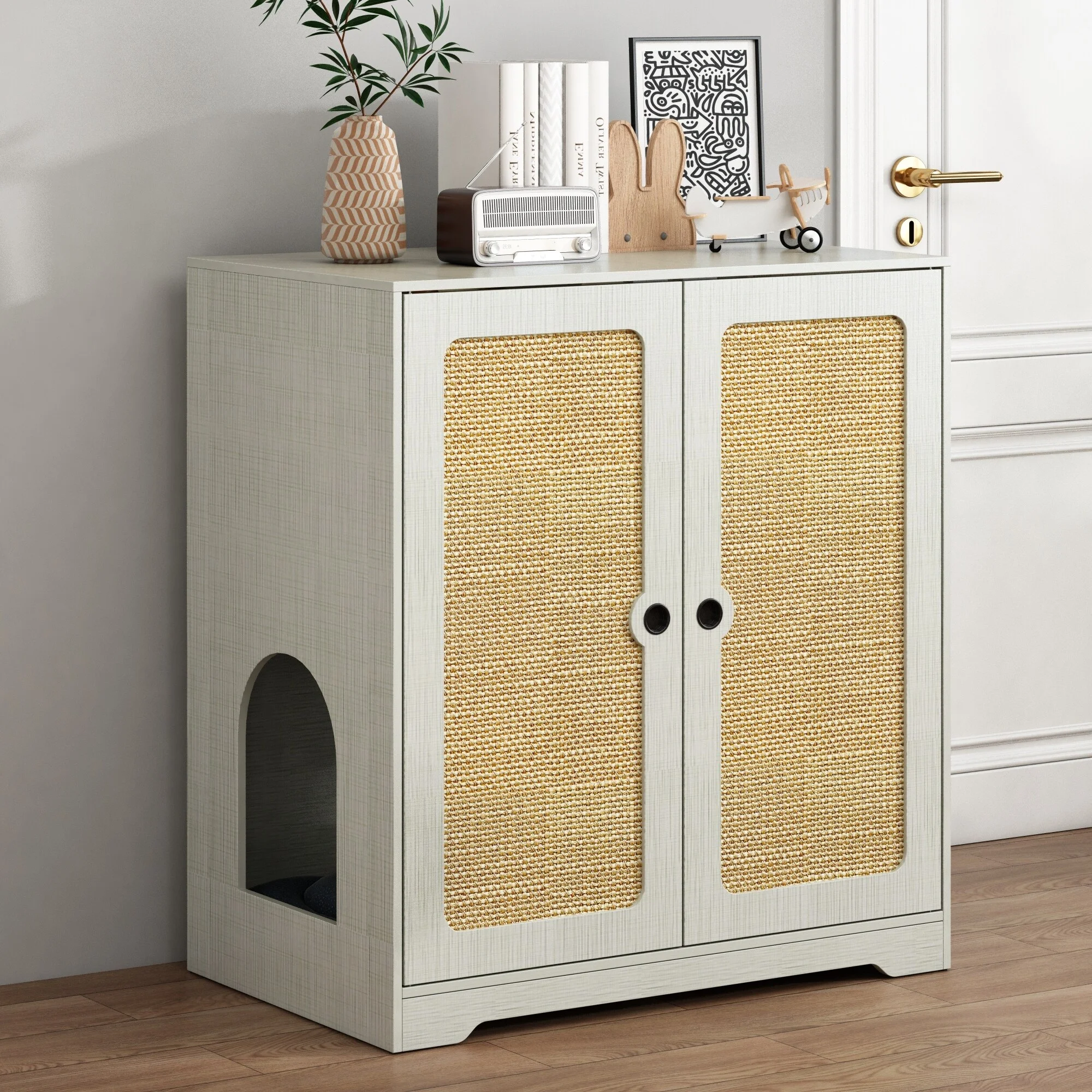 FUFU&GAGA Wood Cat Litter Box Enclosure,Furniture,with Cat Scratching Pad Doors