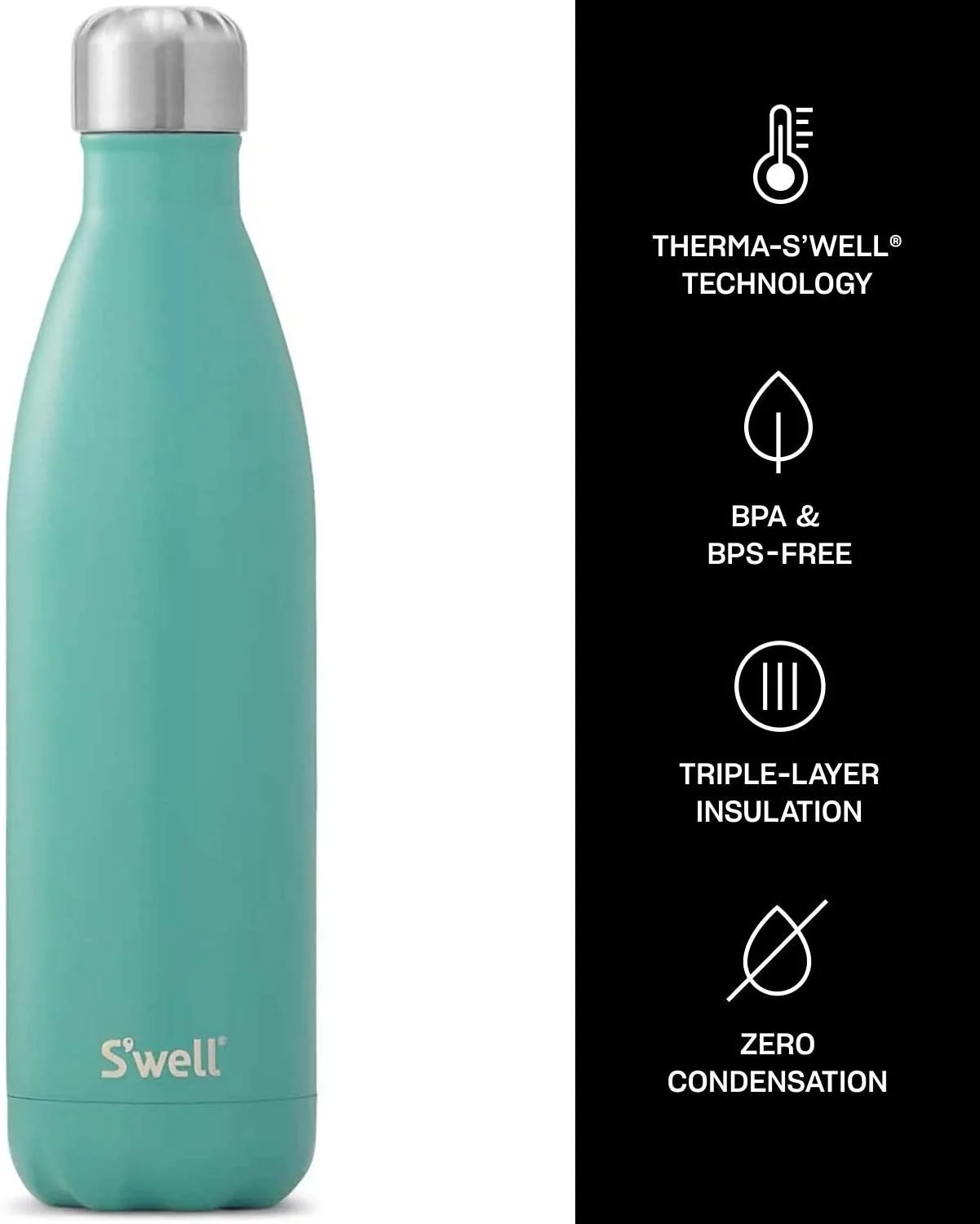 S'well Vacuum Insulated Stainless Steel Water Bottle, Eucalyptus, 17 oz