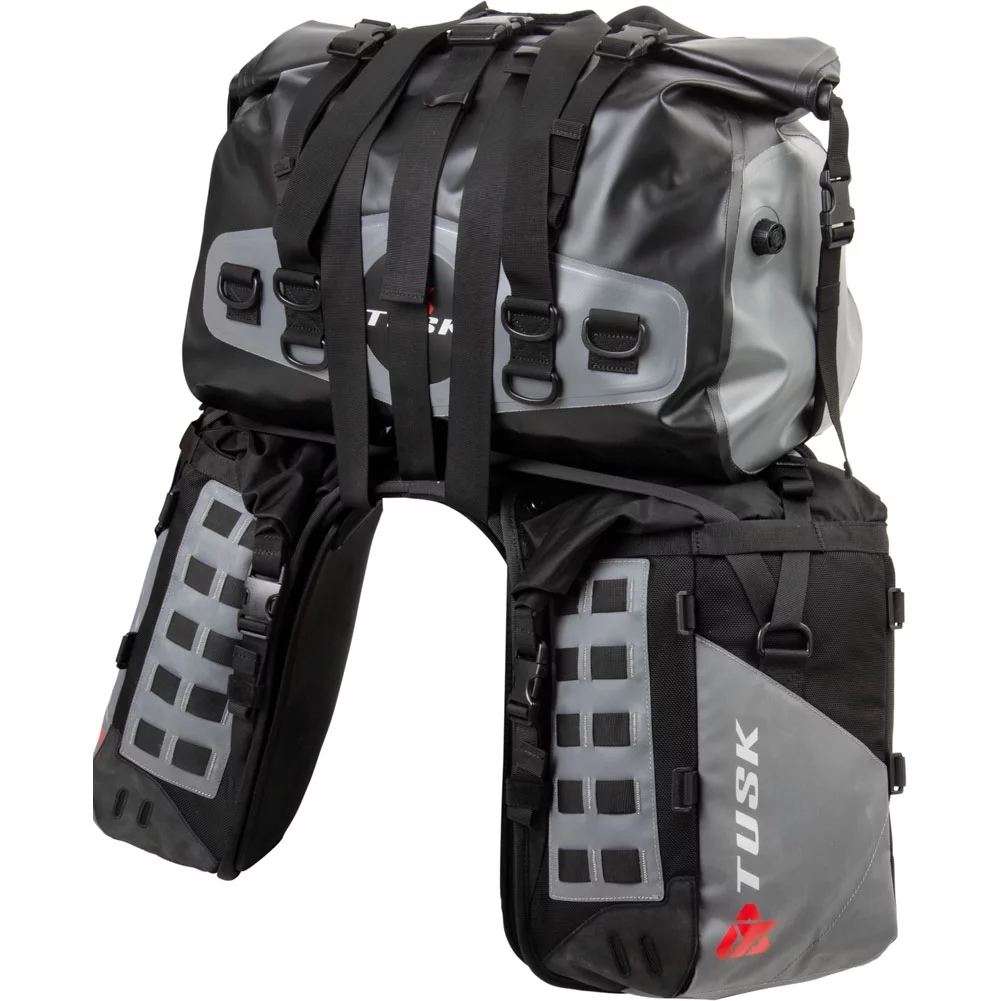 Tusk Highland X2 Rackless Luggage System w/Medium Dry Duffel Tail Bag Standard Heat Shield For Kawasaki KLR650 Traveler ABS 2022