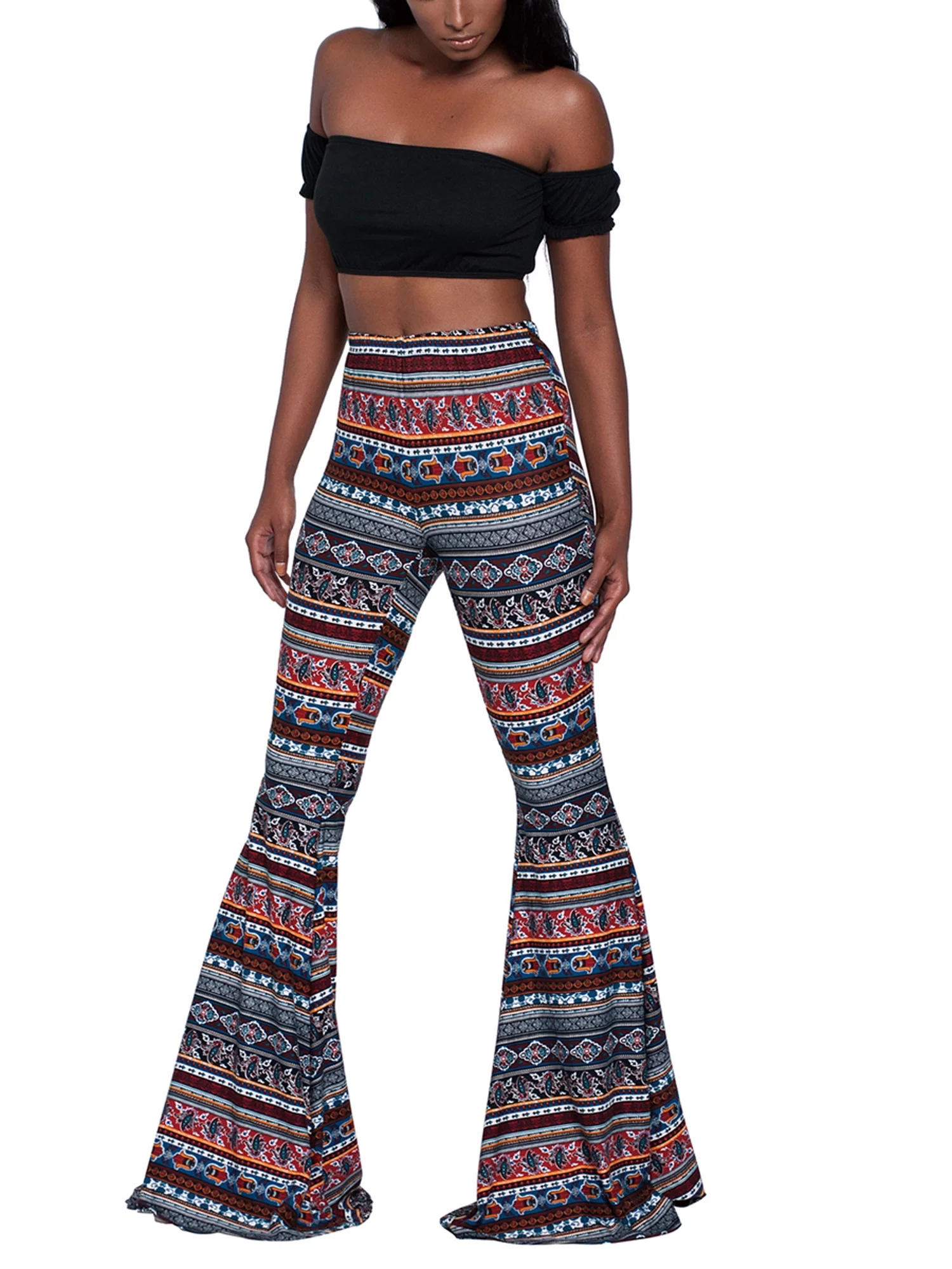 FOCUSNORM Women High Waisted Flare Palazzo Wide Leg Pants Ethnic Print Bell Bottoms Trousers