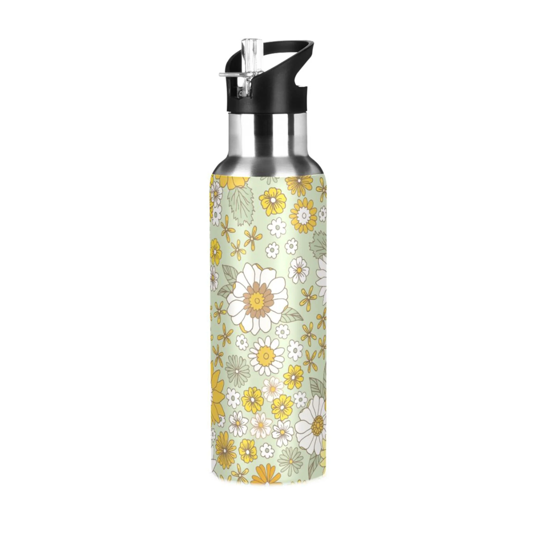 Water Bottle with Straw Lid Leak Sunflowers with Yellow Floral Stainless Steel Insulated Thermos Vacuum Flask for Cold Hot Drinking for Sports Camping Gym Yoga