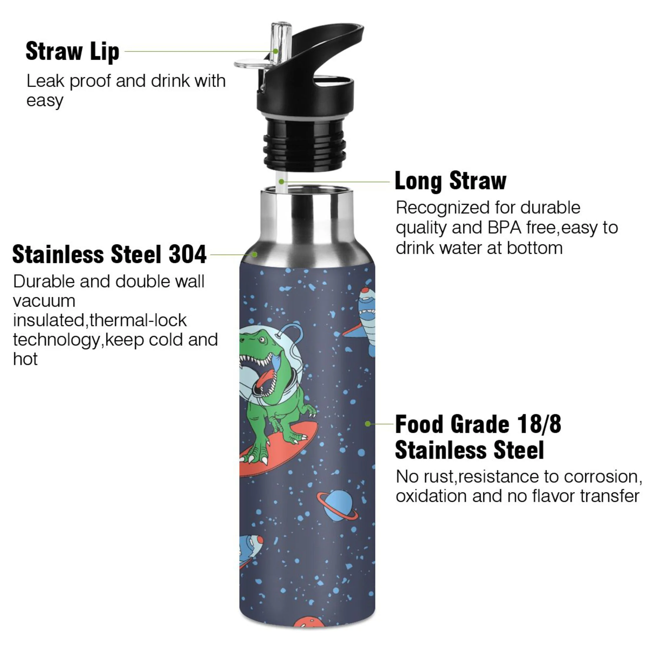 Water Bottle with Straw Lid Leak Astronaut Dinosaur Stainless Steel Insulated Thermos Vacuum Flask for Cold Hot Drinking for Sports Camping Gym Yoga