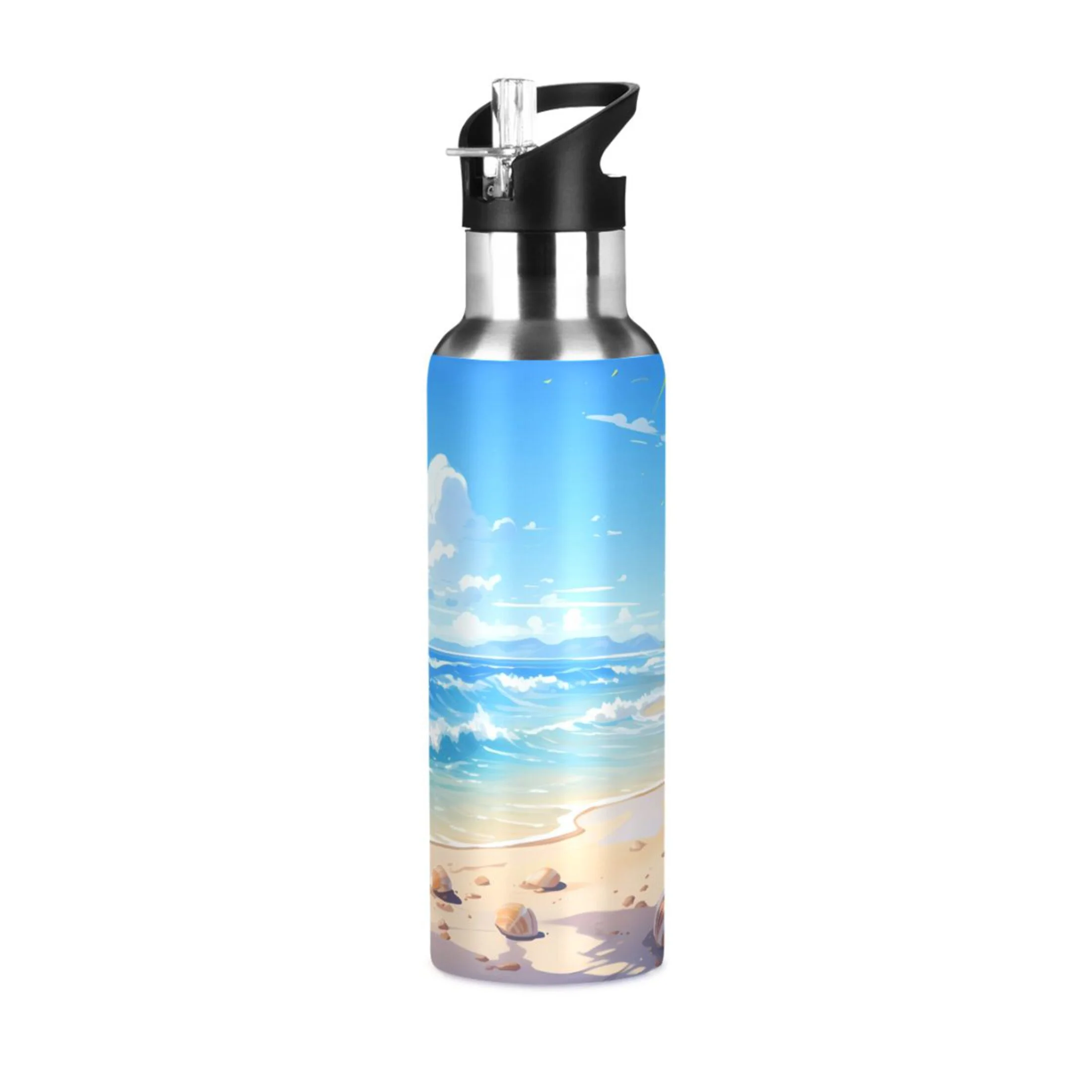 Blue Sky and Beach Water Bottles Insulated Thermos Kids Stainless Steel Bottle with Straw Lid Flask Leakproof for Sports Gym 20 oz
