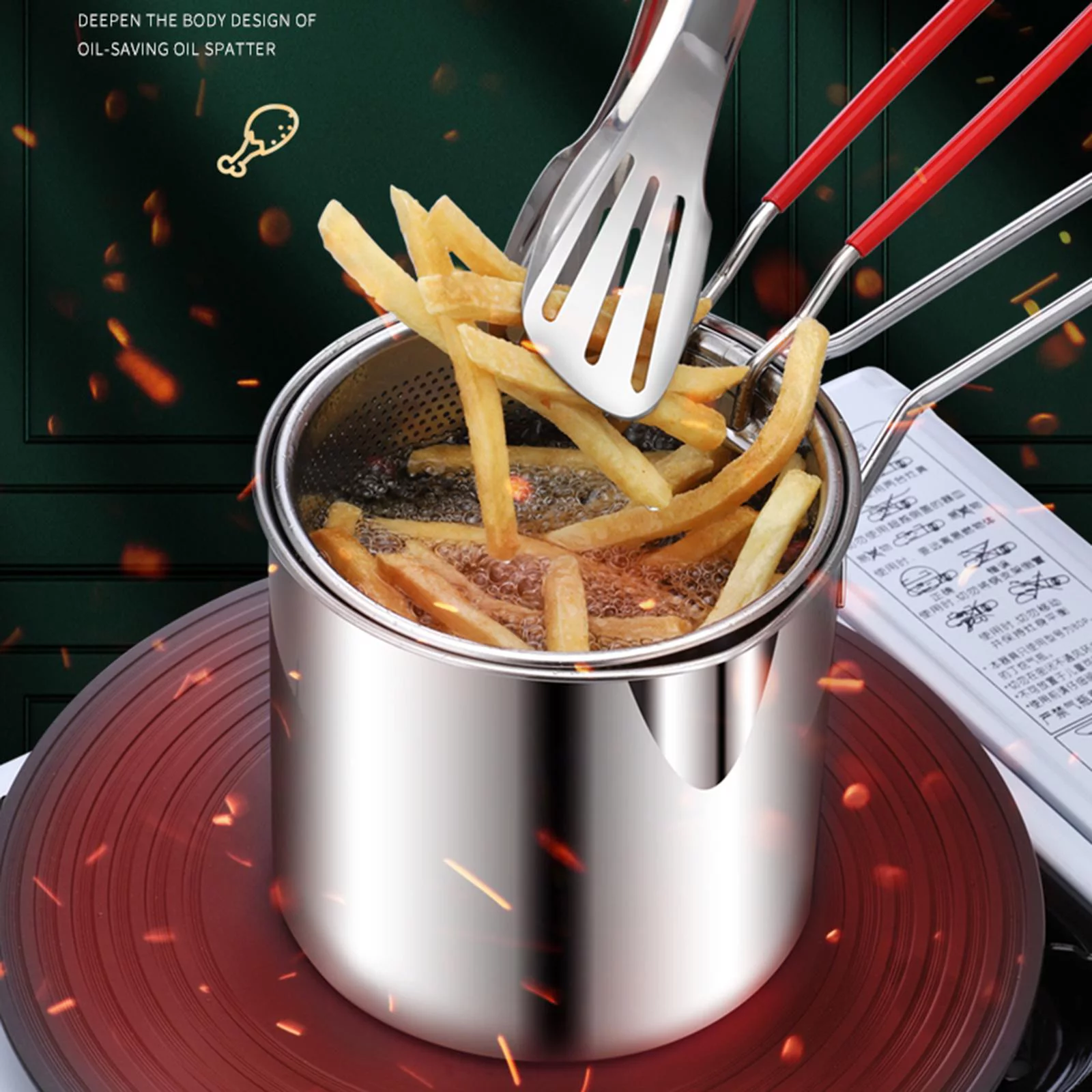 LOVIVER Stainless Steel Deep Fryer Pot Solid Handle High Universal with Mesh Basket Detachable Frying Pan Food Cooking Pot for Chip Fried Chicken Party Kitchen Home