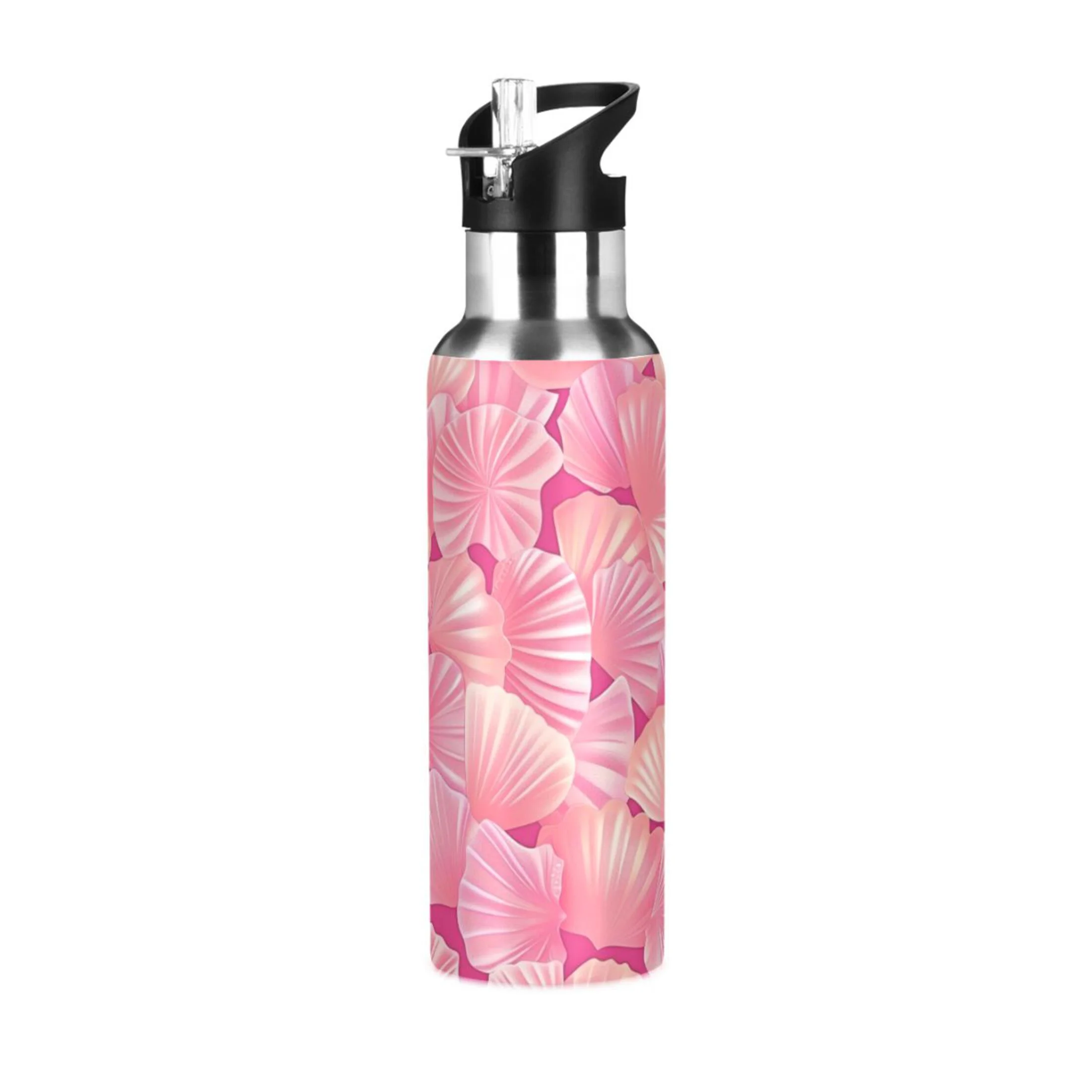 Seashells Pink Water Bottles Insulated Thermos Kids Stainless Steel Bottle with Straw Lid Flask Leakproof for Sports Gym 20 oz