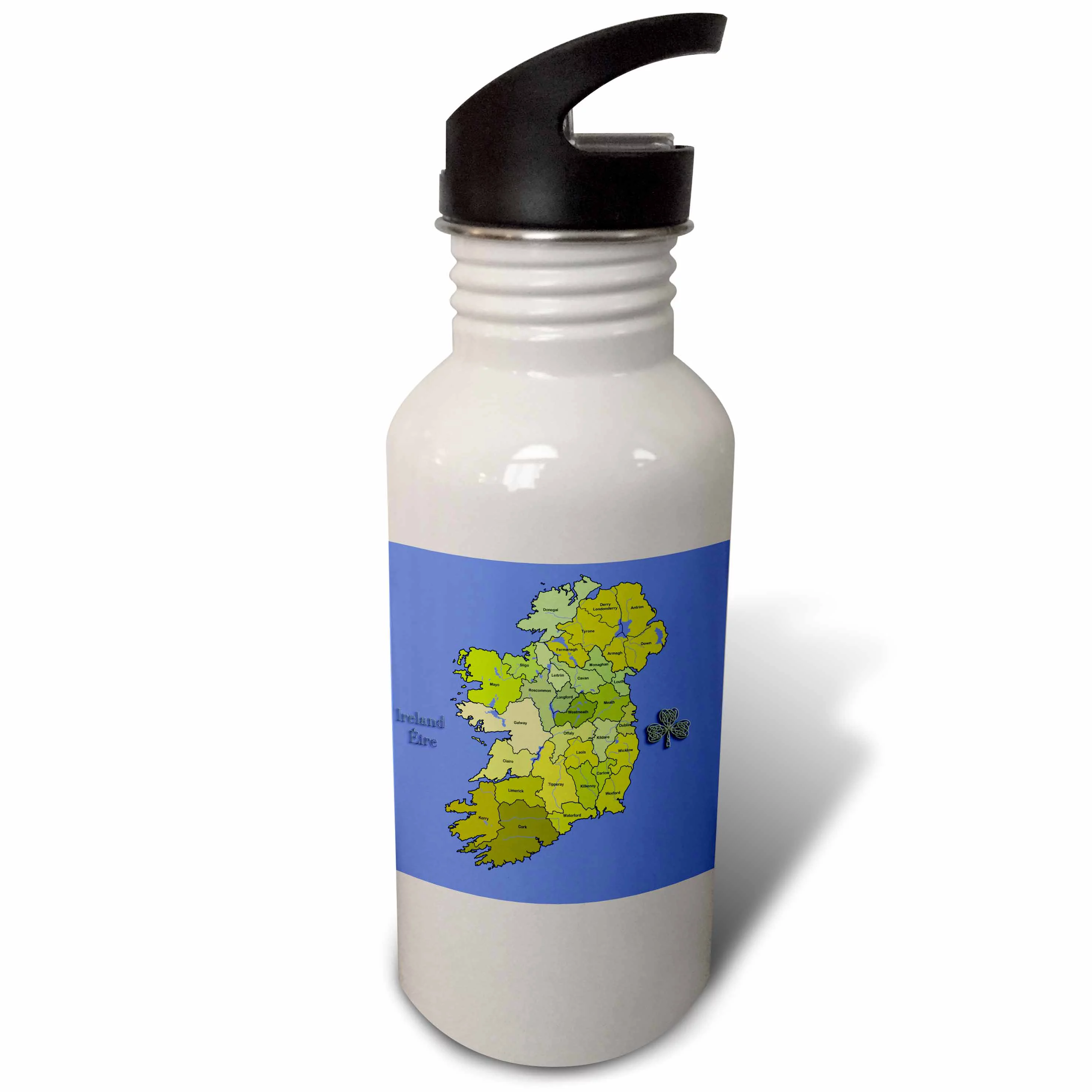 Colorful green map of all Ireland, the Irish Republic and Northern Ireland with all counties shown.  21 oz Sports Water Bottle wb-110030-1