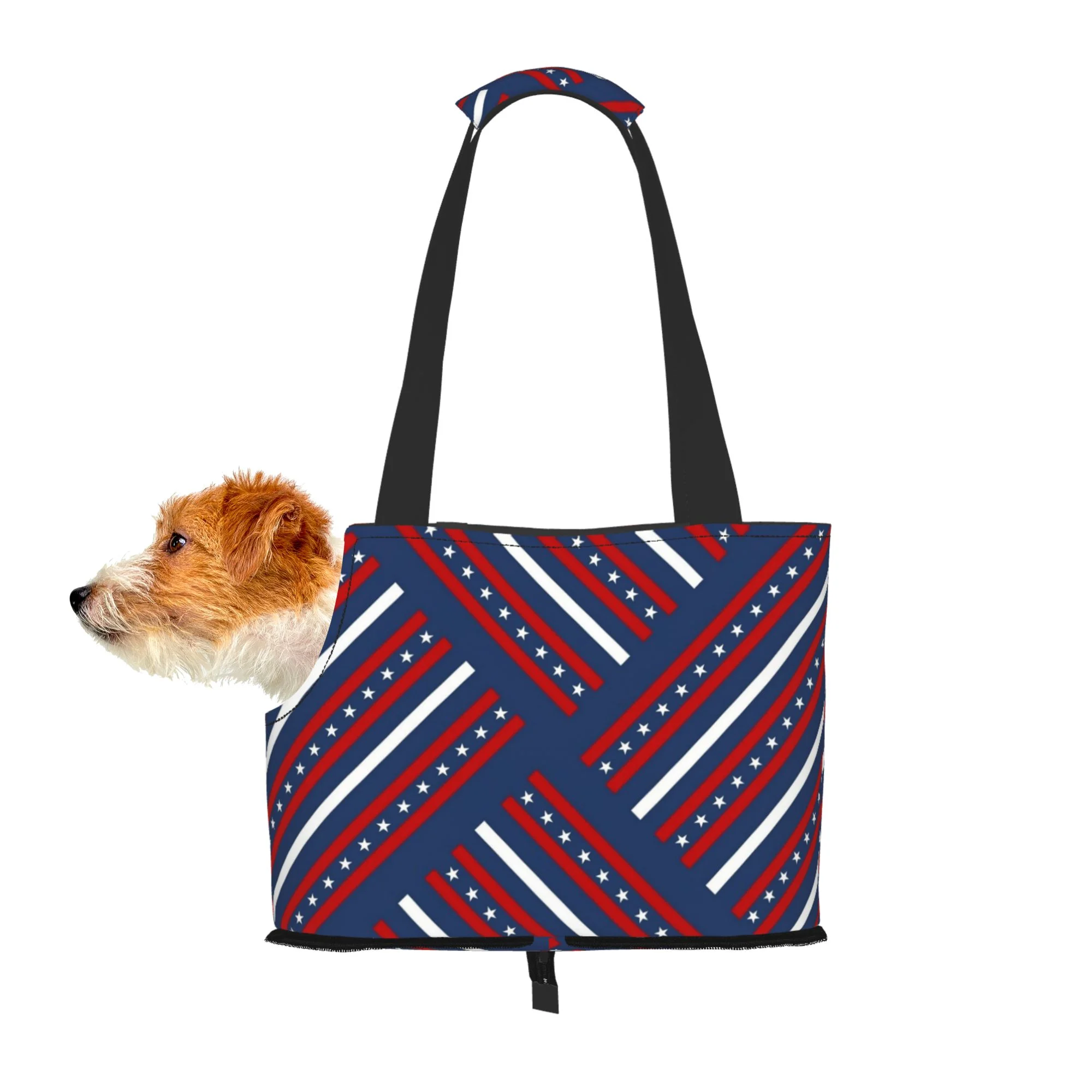 TEQUAN Foldable Dog Purse Carrier, Collapsible Patriotic Red White Blue Stripes Prints Pet Travel Tote Bag for Small Cat Puppy, Waterproof Dog Soft-Sided Carriers