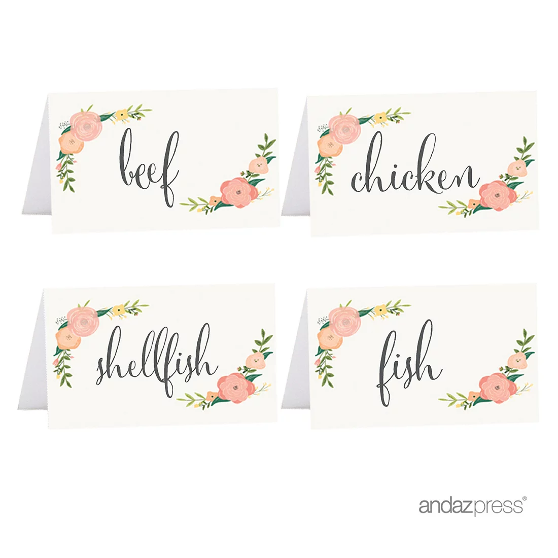 Beef, Chicken, Fish, Shellfish  Food Station Buffet Menu Place Cards, Floral Roses, 20-Pack
